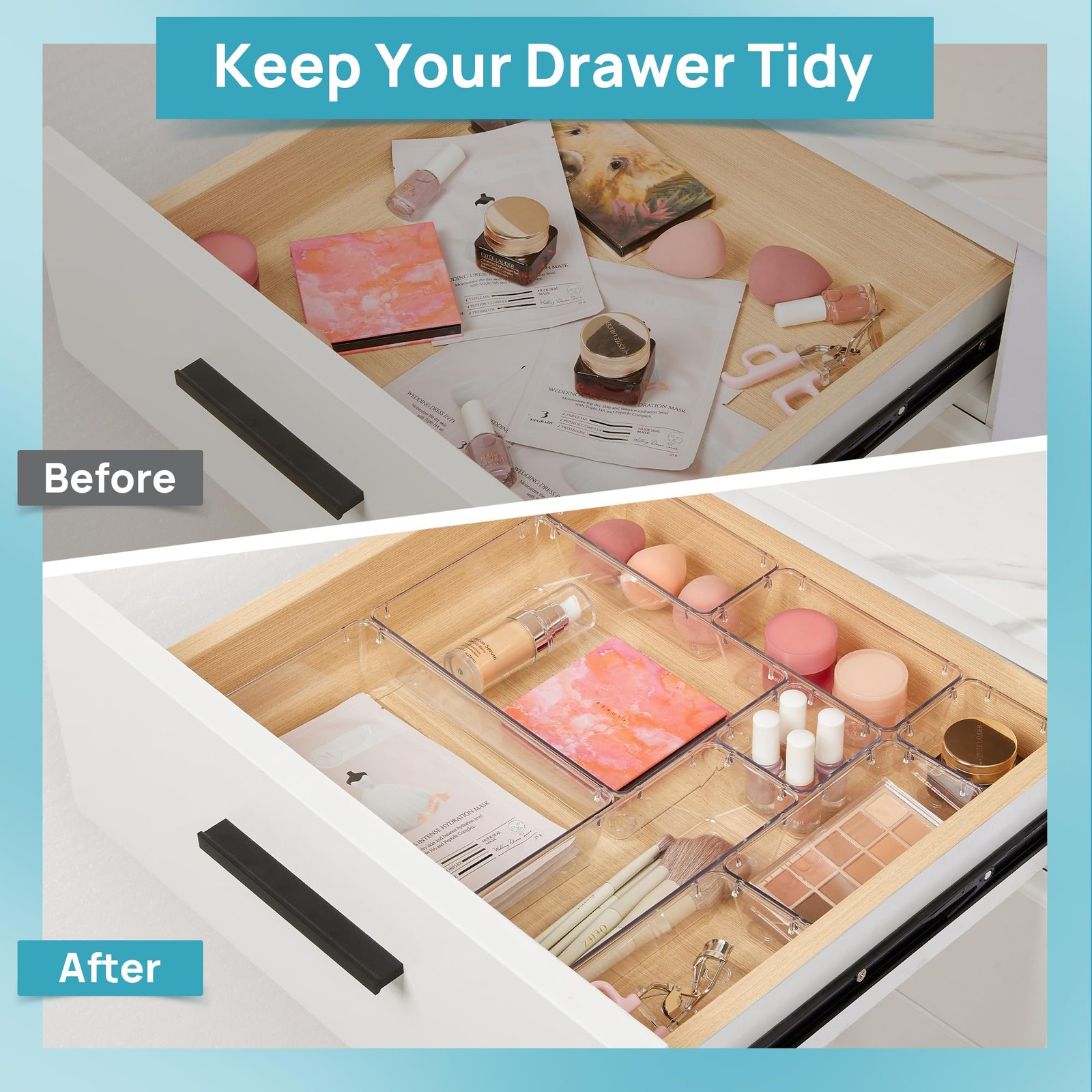 Vtopmart 10 Pcs Makeup Drawer Organizer Bins Set, 4 9″L x 6″W x 2″H, Clear