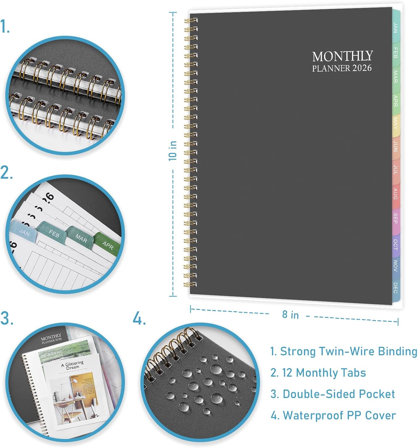 2026 Monthly Planner – Calendar 2026, 8” x 10”, 8×10 inches, black