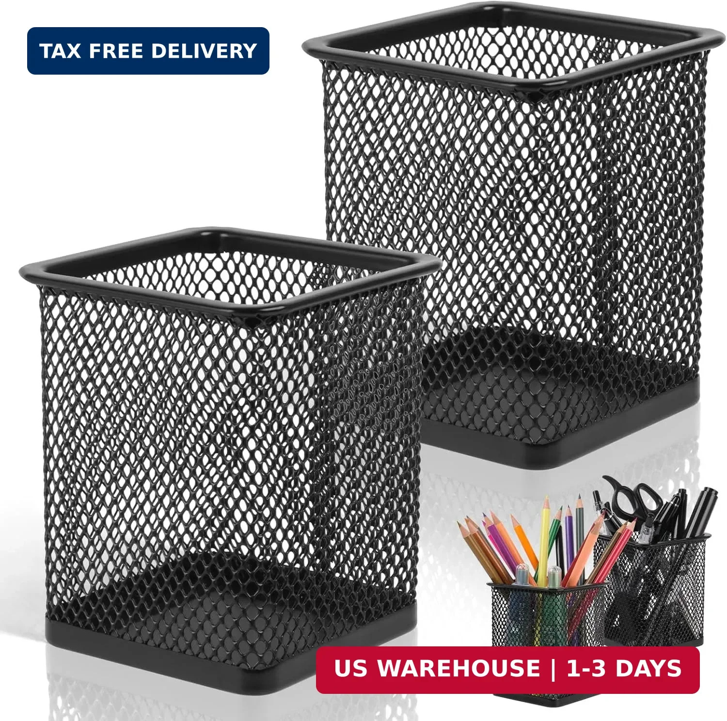2 Pack Square Metal Pen Holder for Desk, 3.15 x 3.74 IN Pen Cups, Pencil Holder