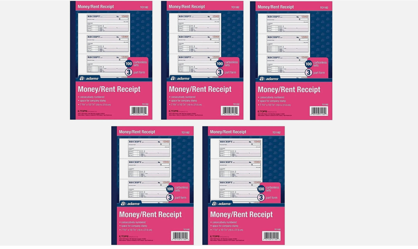 Adams Money & Rent Receipt Books, 3-Part Carbonless, 7-5/8 x 10-7/8, White 5 PK