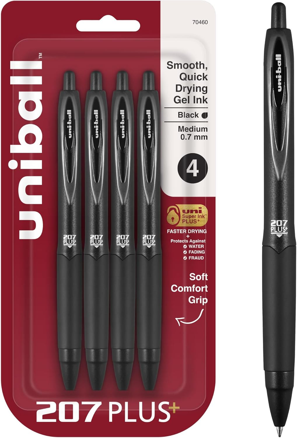 Uniball 207 Plus+ Retractable Gel Pens, Medium Point, 0.7Mm, Black Ink, 4/Pack