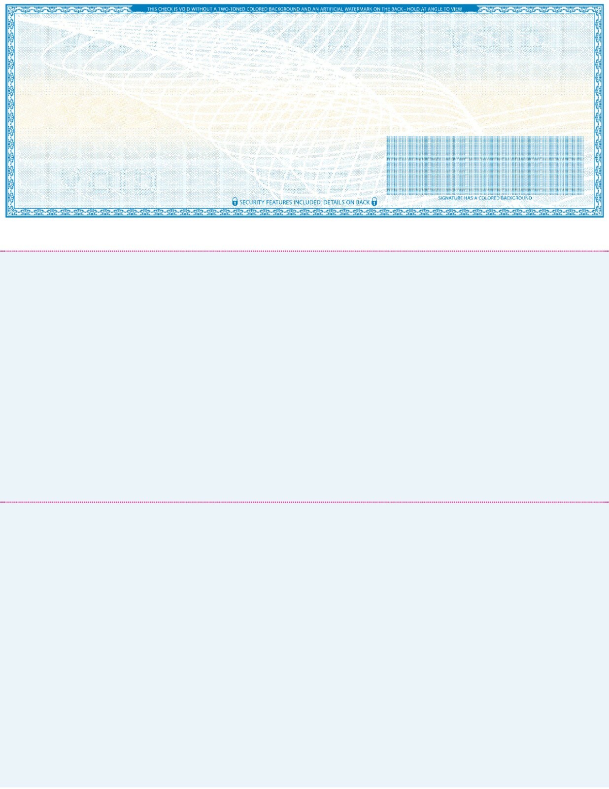 50 Blank Check paper “High Security” – Check on Top – Light Blue Art Deco
