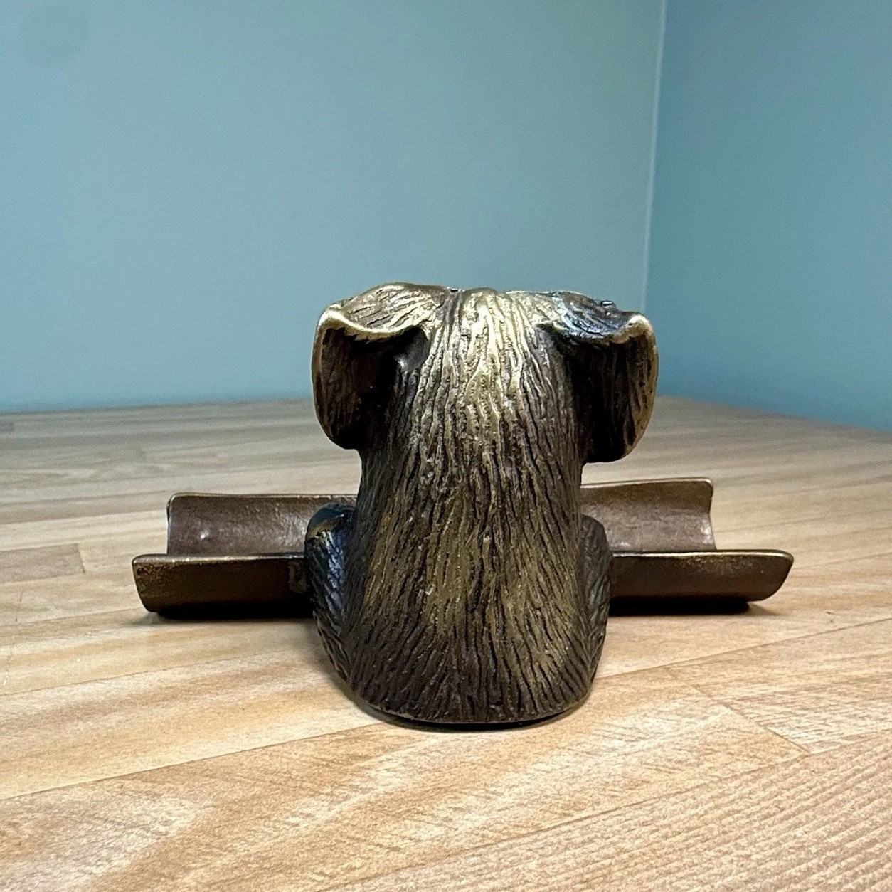 VTG Bronze Cast Metal Dog Puppy Office Desk Business Card Pen Holder 50s 60s 70s
