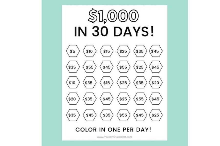 $1,000 Money Saving Challenge For 30 Days! Digital Item For You To Print.