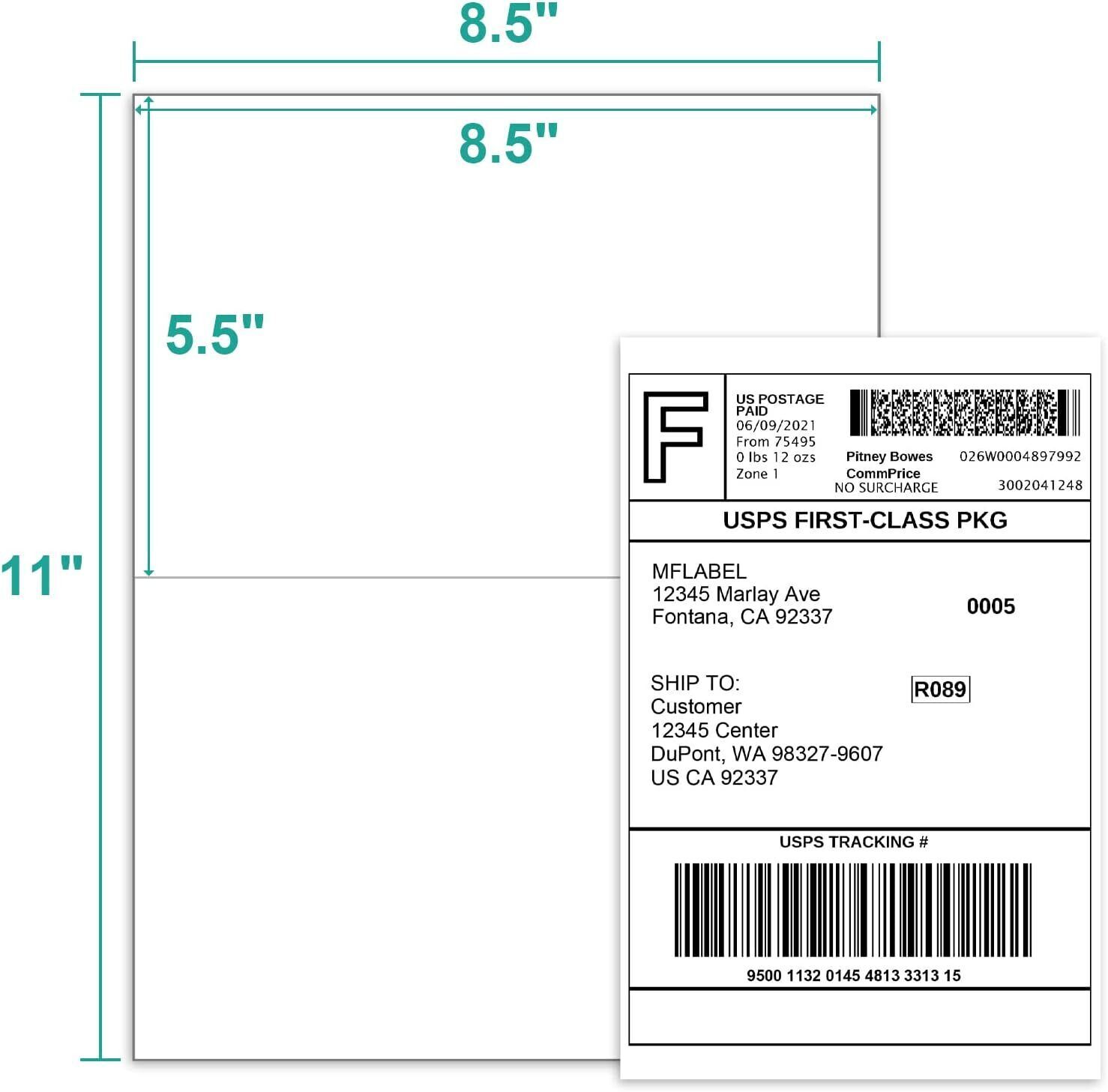 200 Premium 8.5″ X 5.5″ Half Sheet Self Adhesive Shipping Labels 2 Per Sheet