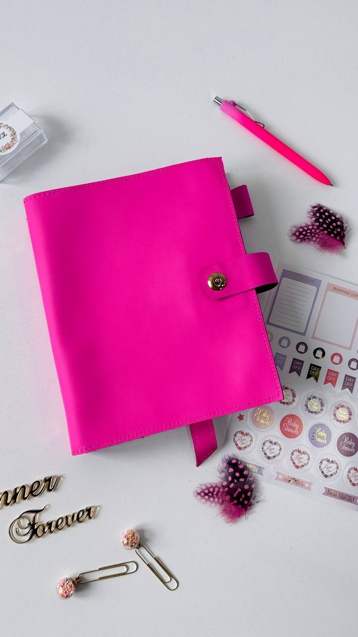 Pink Leather notebook cover A5 big binder 6 rings. Leather planner binder A5.