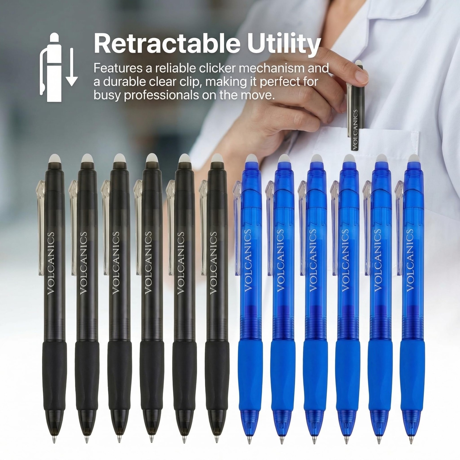 Volcanics Retractable Clicker Erasable 1 Count (Pack of 12), Blue and Black