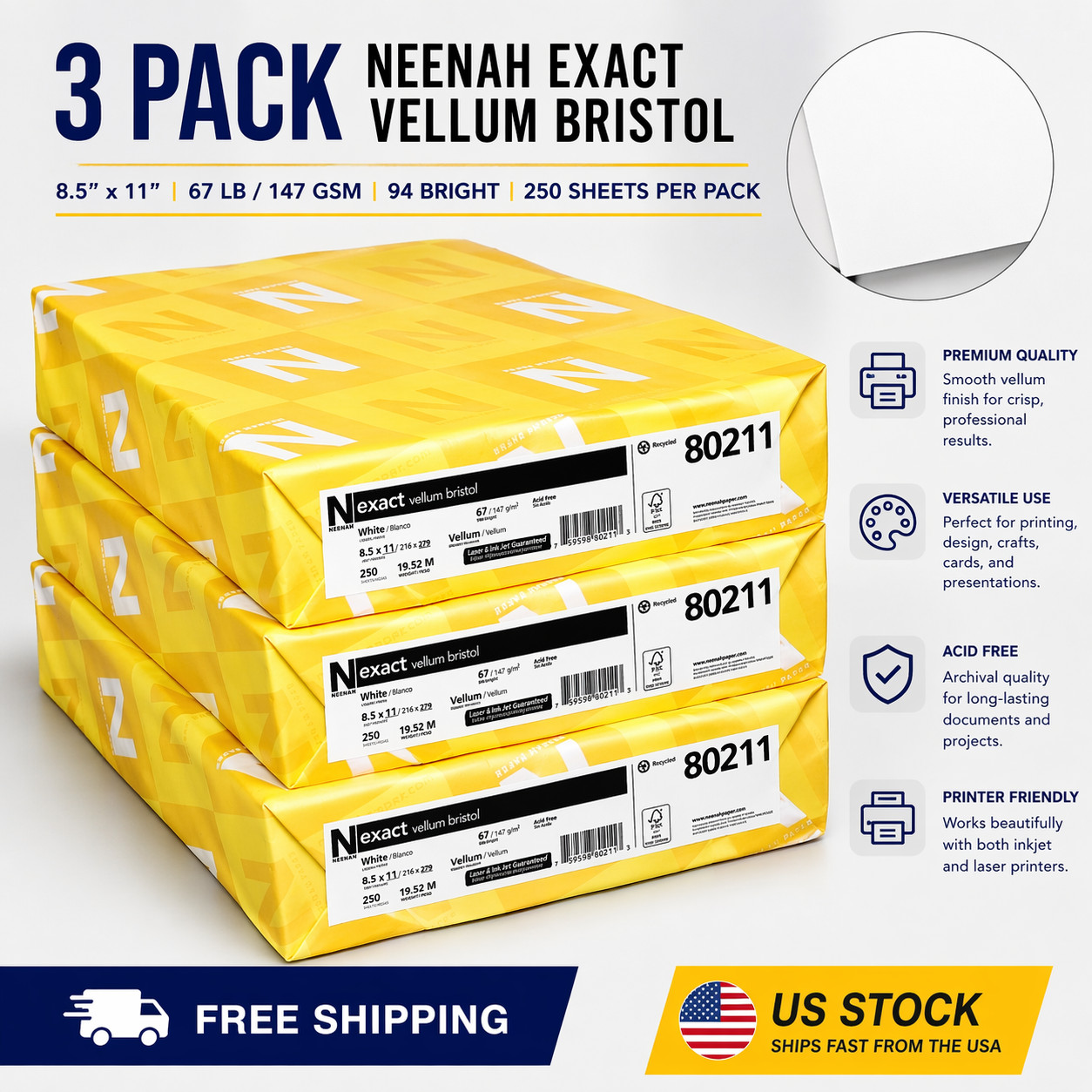 3 Pack Neenah Exact Vellum Bristol 8.5×11 67lb/147gsm 94 Bright 250 Sheets Each