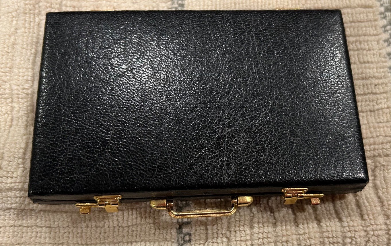 Mini Leather Business Card Holder Case Briefcase Black Gold Carry, Desk Display