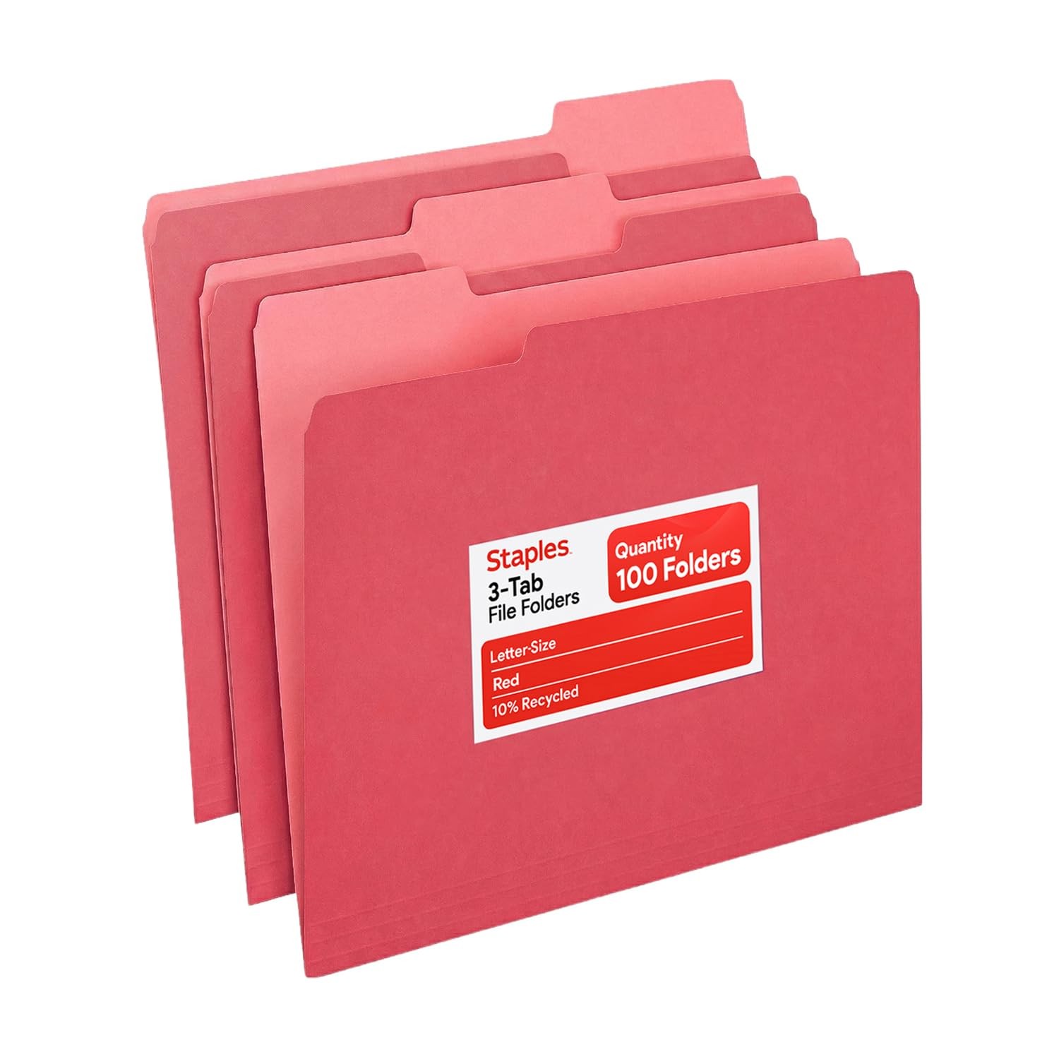 Staples File Folders, Letter Size, 1/3‑Cut Tabs, Red, Durable 10.5‑Point Red