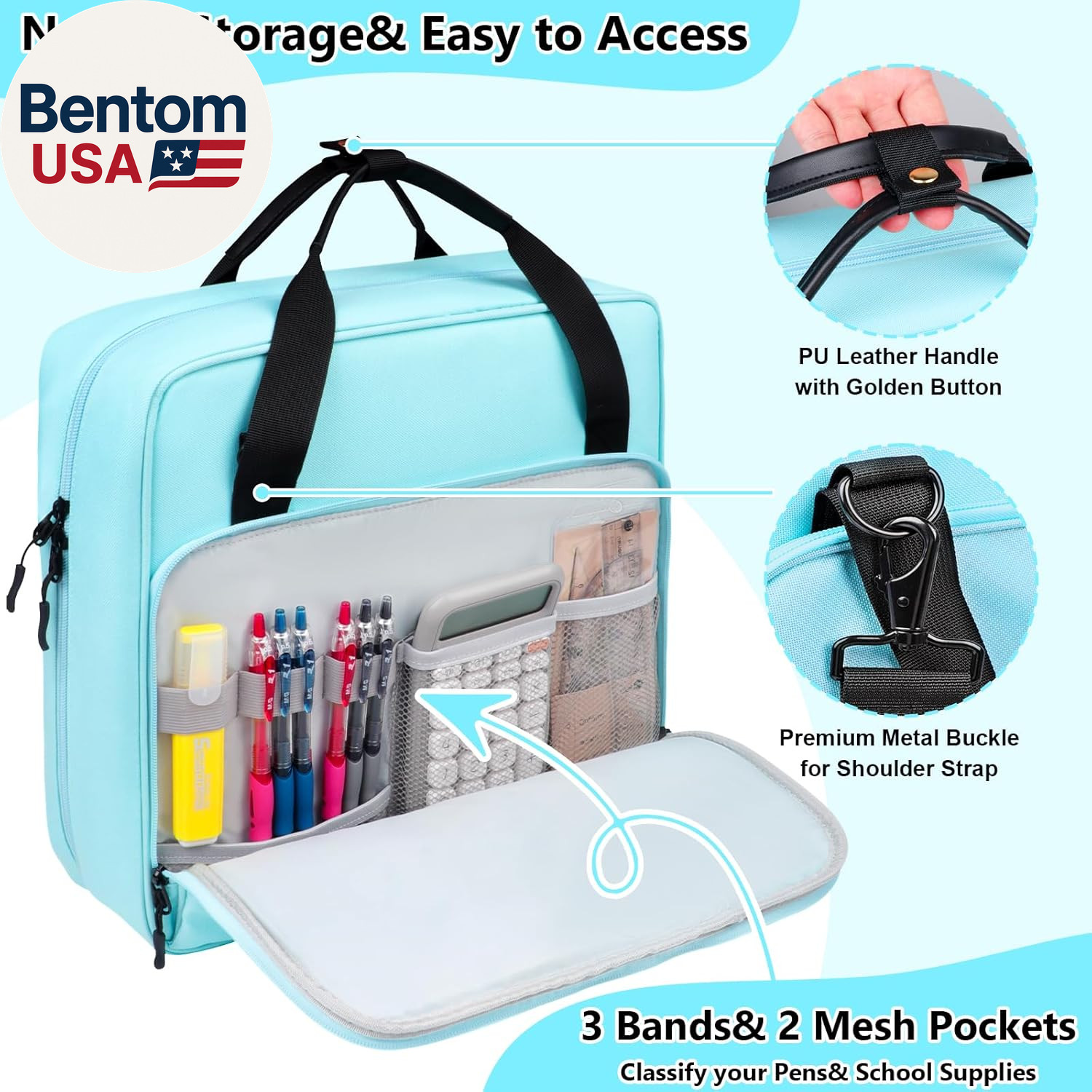 3 D-Ring Zipper Binder 2 Inch with Shoulder Strap, Waterproof Oxford Binder with