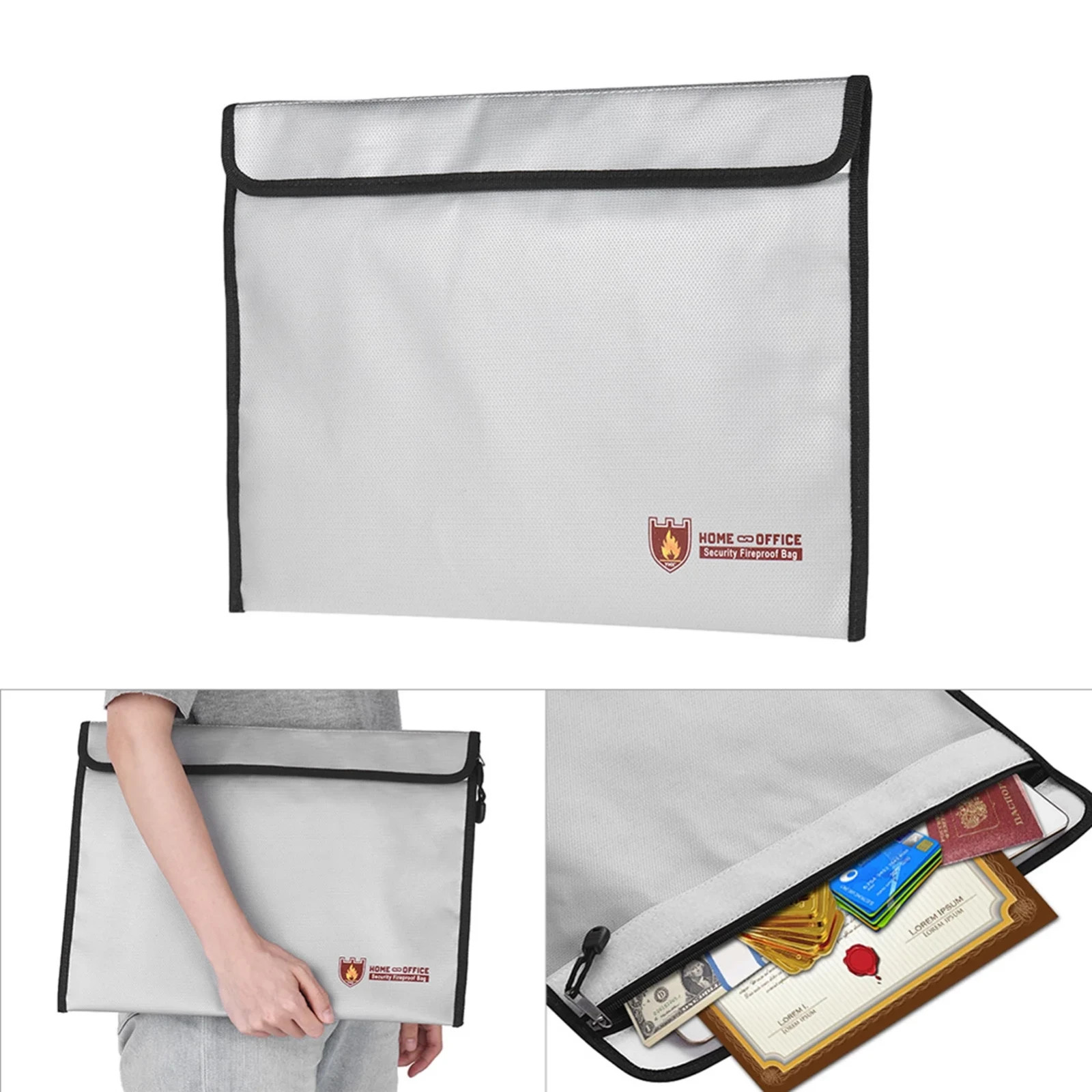 Fireproof Waterproof Document Bag 15x11in Home Office File Storage Pouch Case