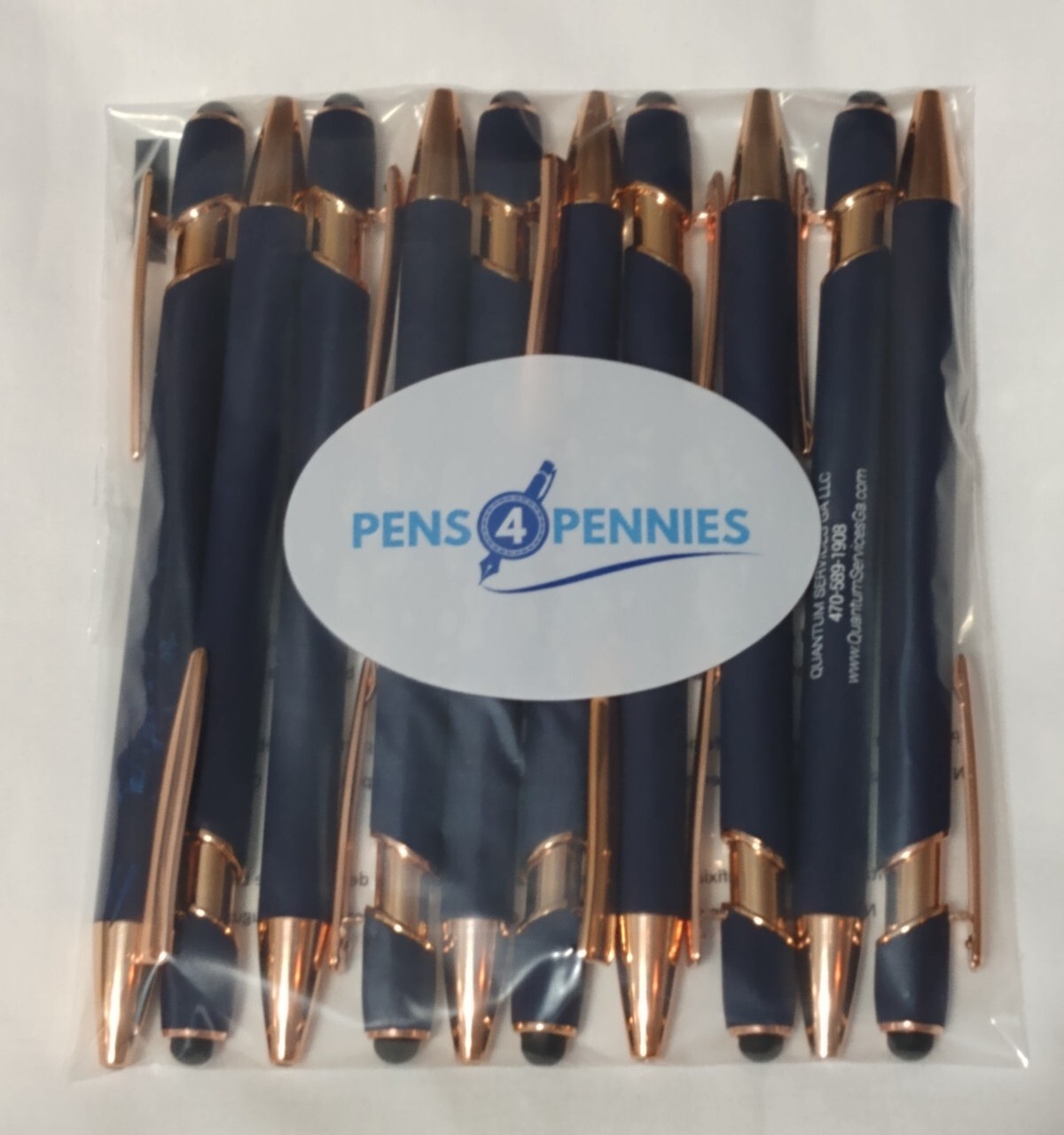 10ct Lot Misprint Metal Retractable Soft Touch Stylus Pens:NAVY BLUE w/ROSE GOLD