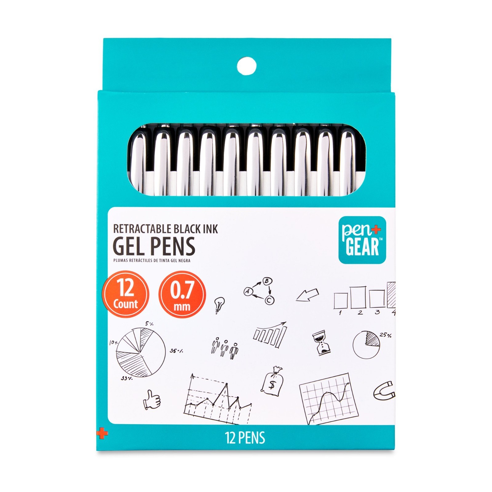 PEN + GEAR Retractable 0.7mm Gel Pens Black Ink Pack of 12- BRAND NEW
