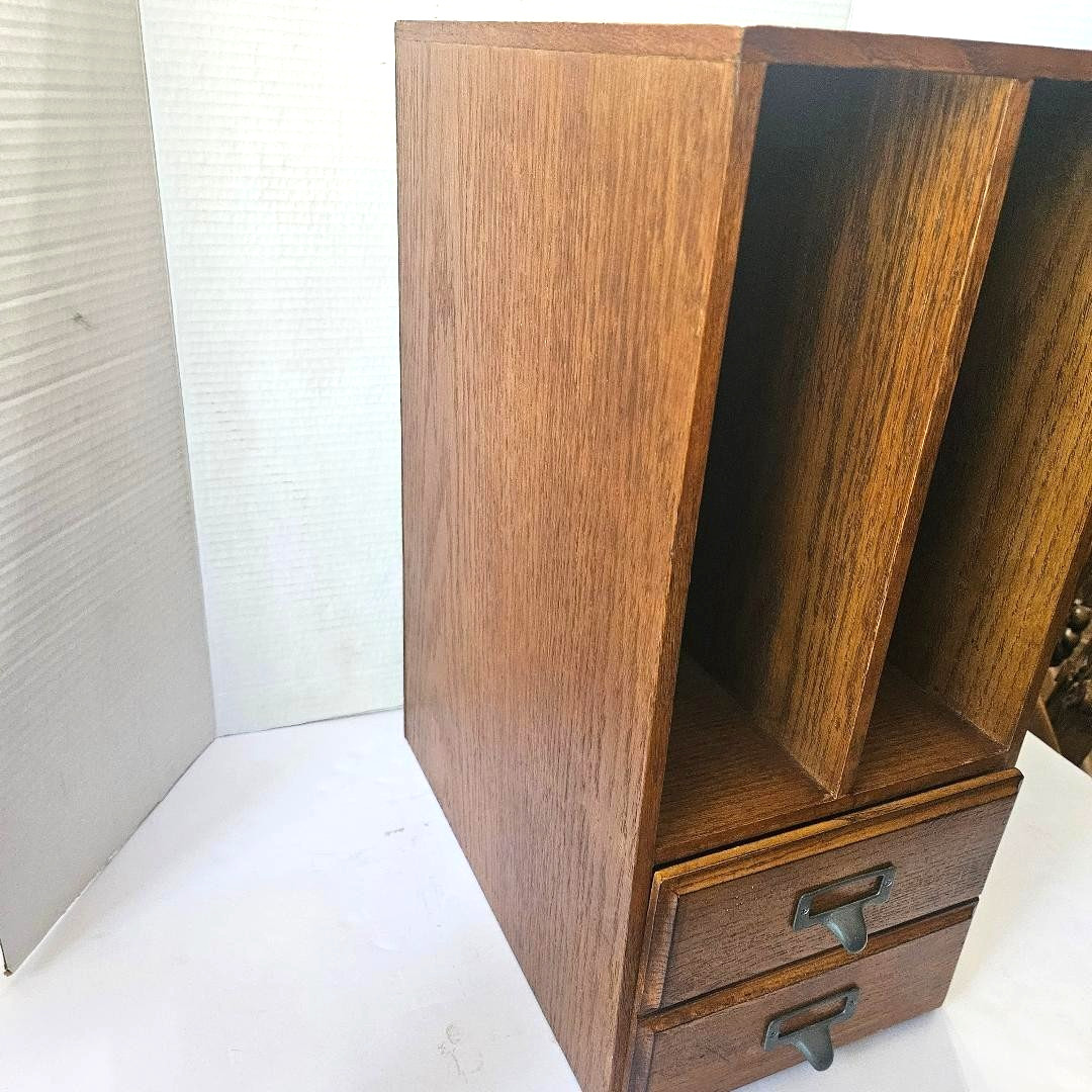 Vintage 19″ Tall Oak Wood Desktop Organizer w/Index Card Drawer/File Box/Cabinet