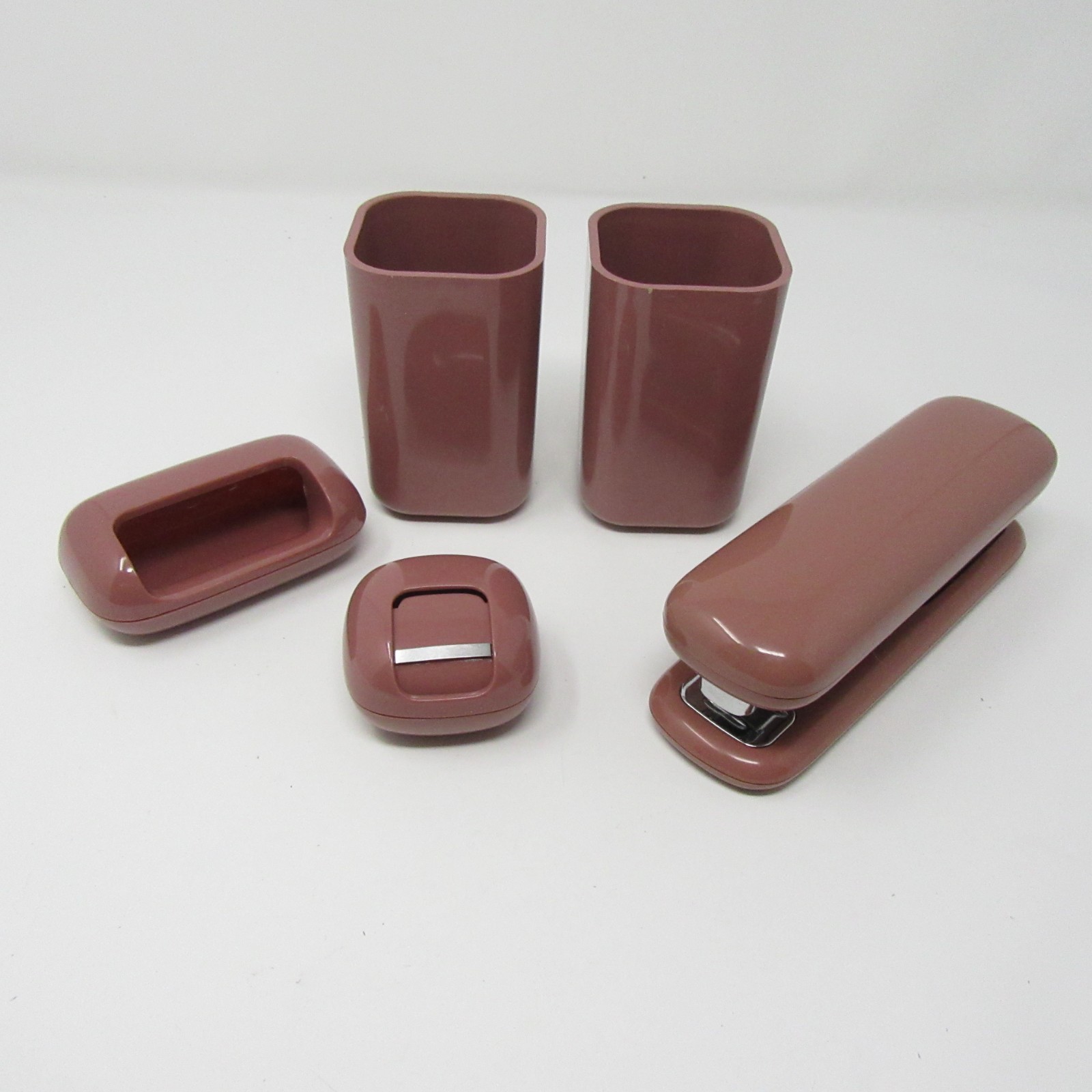 1980s Eldon Pink Mauve Desk Set Stapler Pen Paperclip Holder Retro Office 5pc