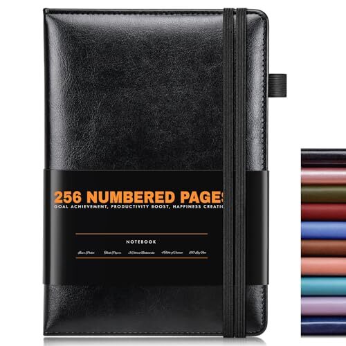 Lined Journal Notebook for Women Men, 256 Numbered Pages Hardcover Black