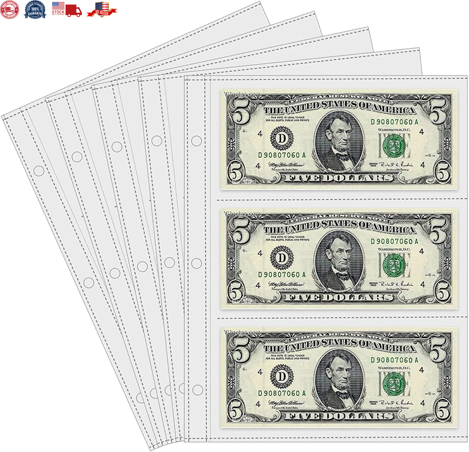 50 Sheets Currency Pages 3 Pockets Paper Money Protectors for 3 Ring Binders