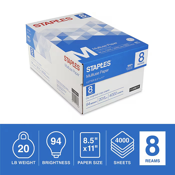 Staples Multiuse Copy Paper 8.5×11 20 lb 94 Bright 4000 Sheets 8 Ream