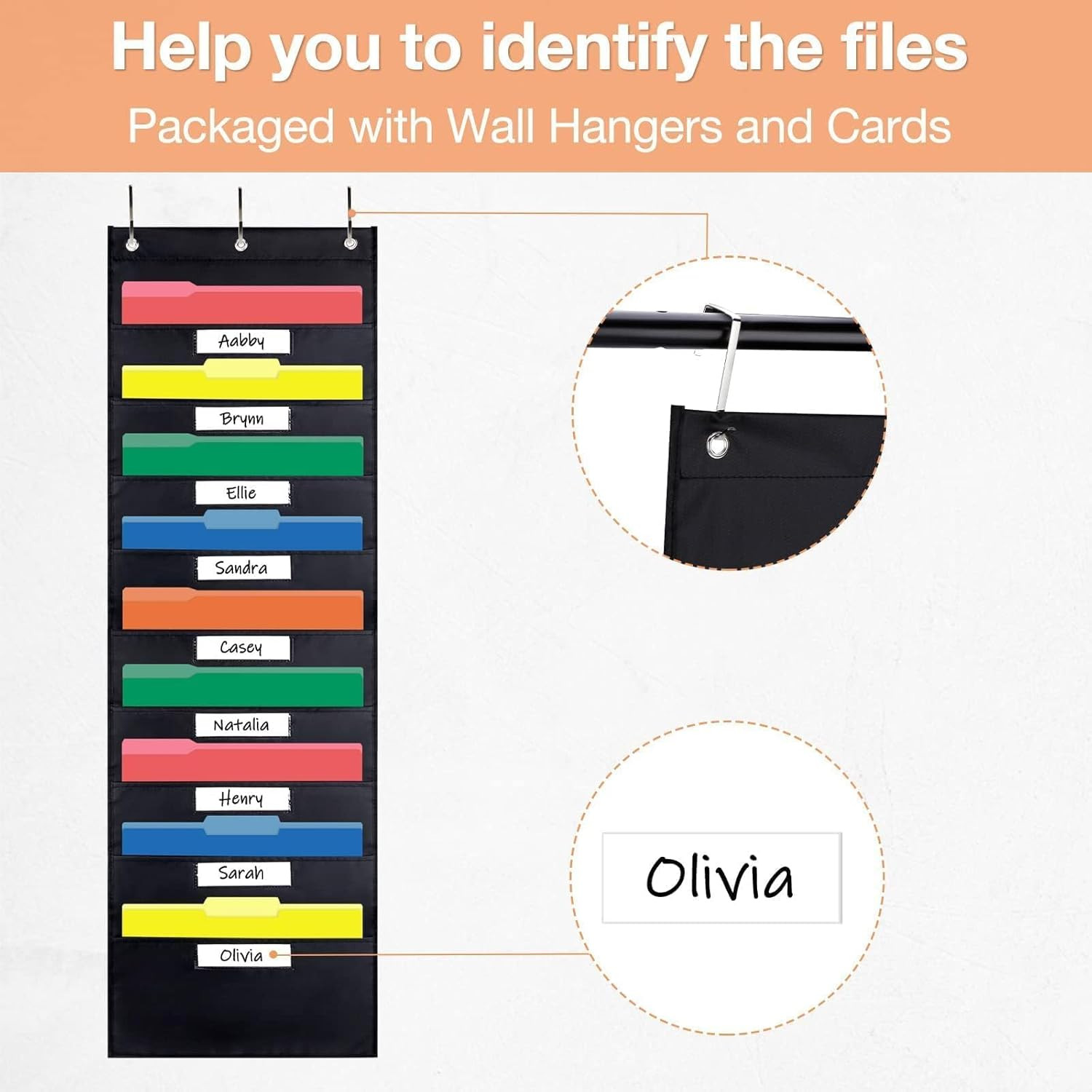 10 Pocket Storage Chart with Nametag Pockets, Hanging Organizer for Files (Black