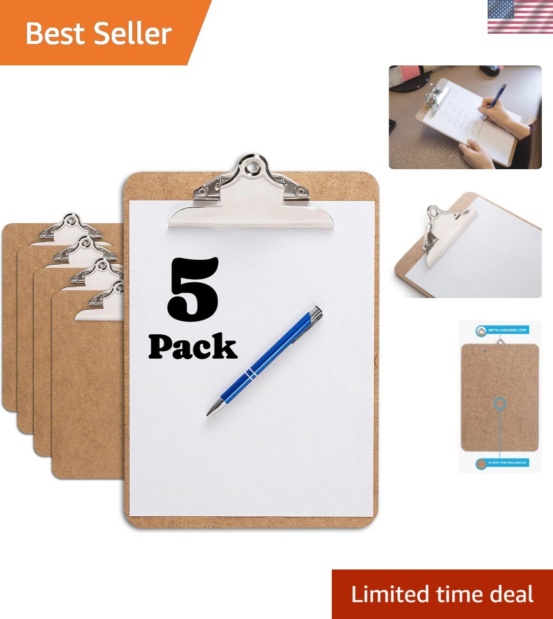 Letter Size Clipboard with Butterfly Clip Pack of 5 – 9” x 12.5” Large Wood…