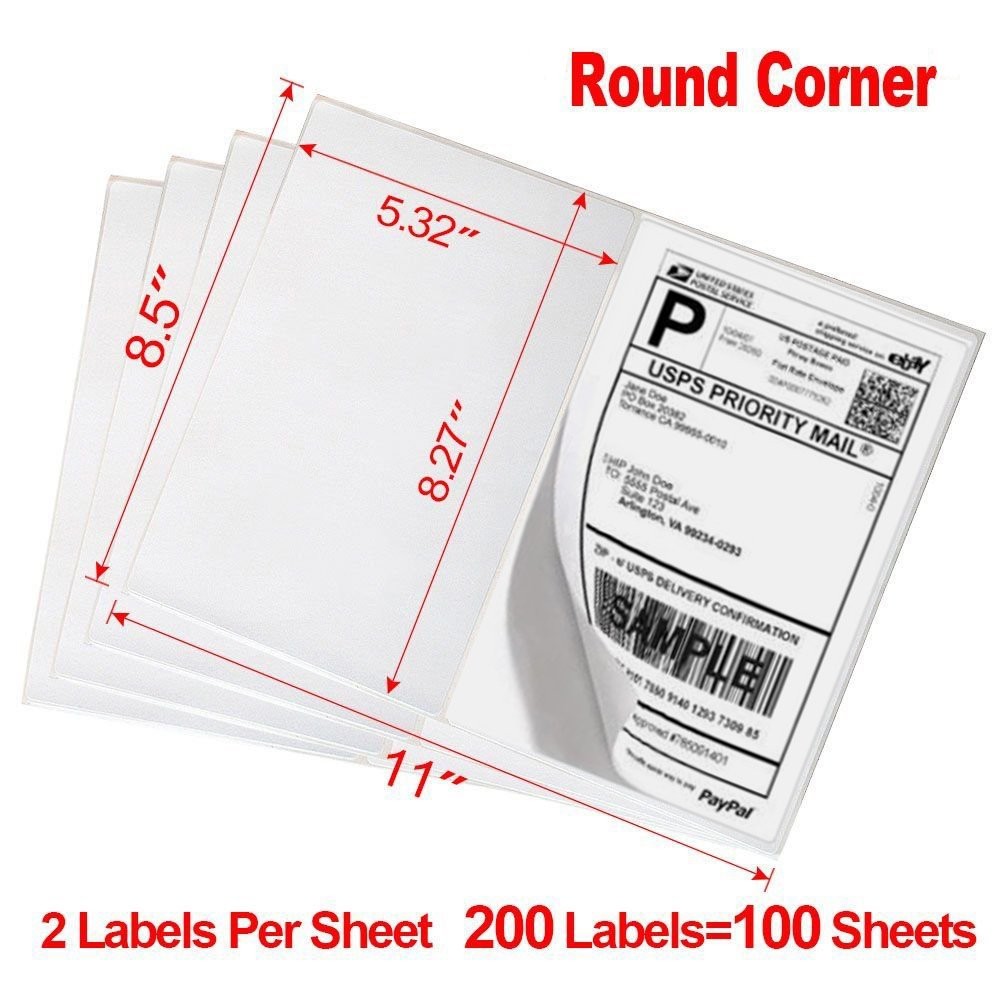 200 Half Sheet Shipping Labels 8.5×5.5 Rounded Corner Self Adhesive 2 Per Sheet