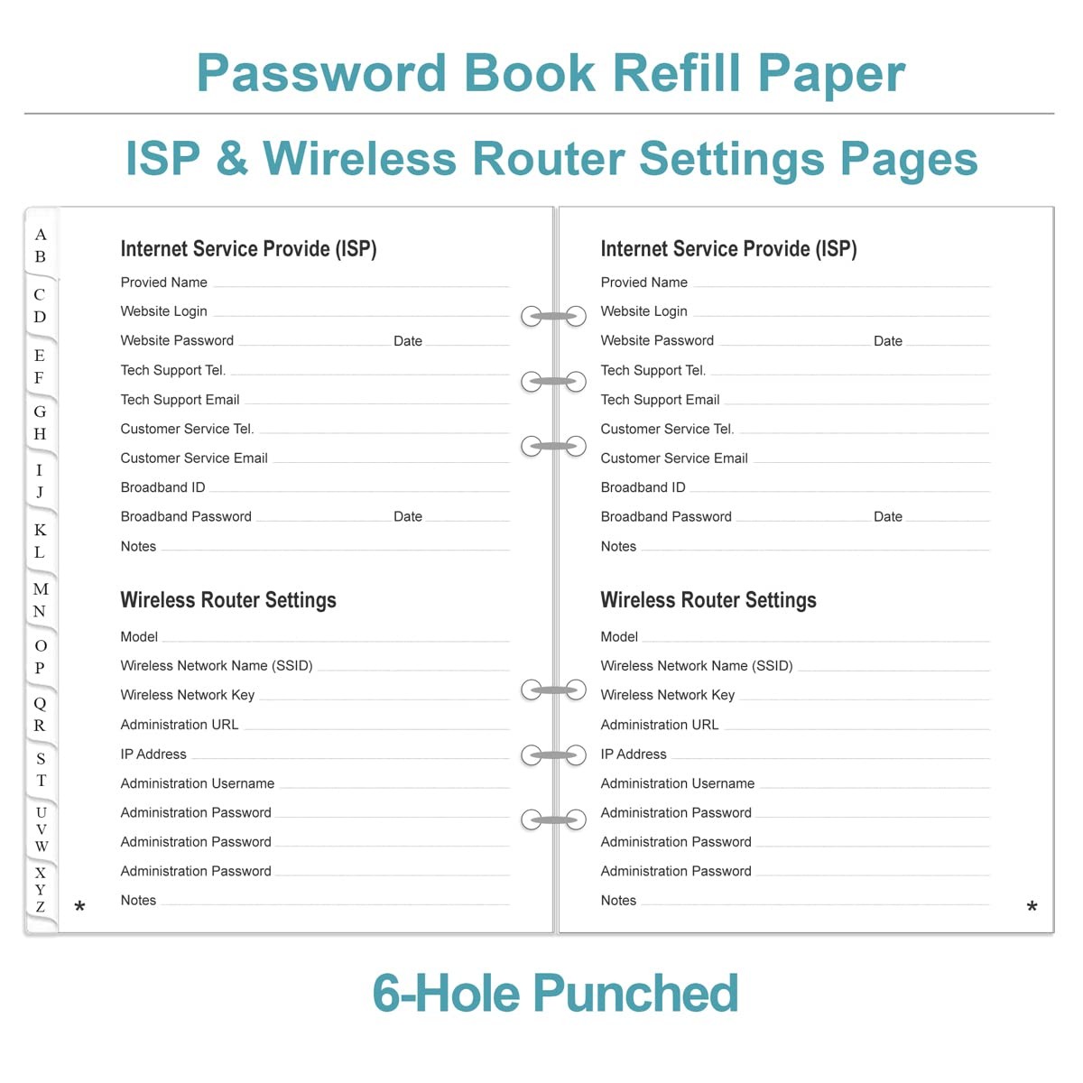 Password Book Refills for A5 Binder – A-Z 5.8 inches X 8.3 inches, white