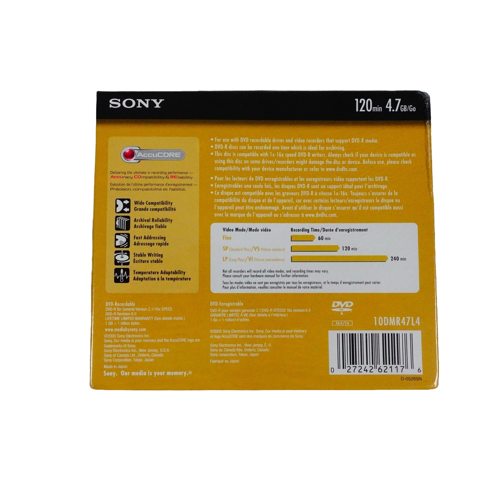 Sony DVD-R AccuCORE 10 Pack 120 min 4.7 GB 1x – 16x DVD Recordable w Cases