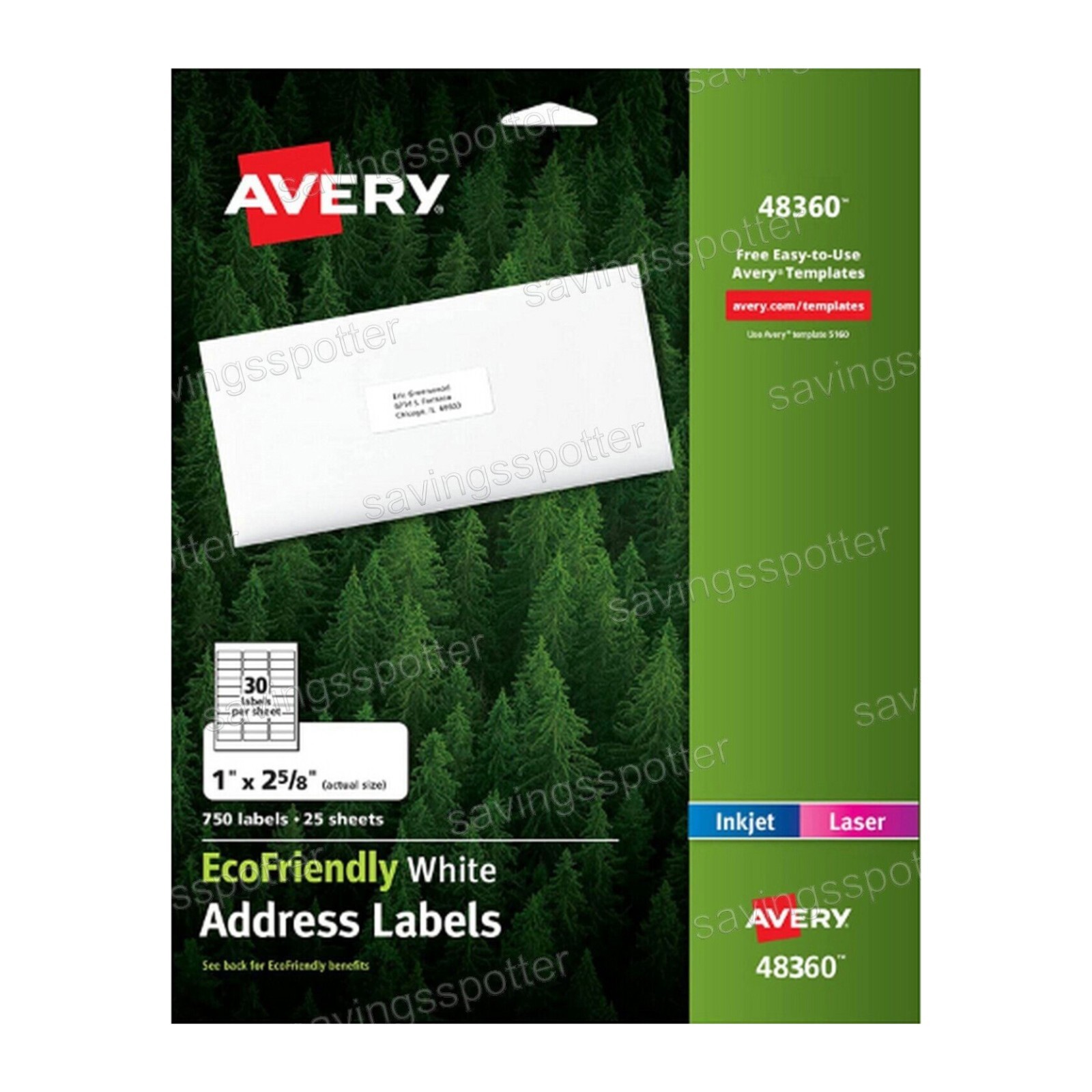 Avery 48160 address labels white ecofriendly recycled laser inkjet 1 x 2-5/8 750