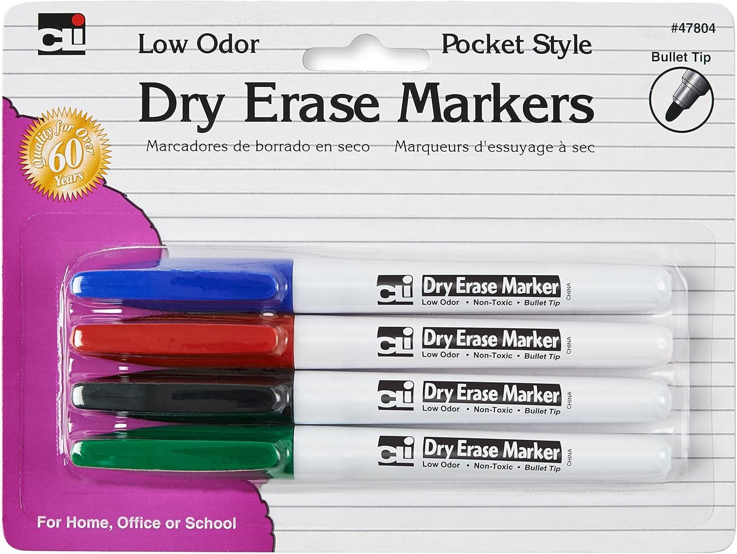 Dry Erase Markers, Pocket Style with Bullet Tip, Assorted Colors, 4-Pack (47804)