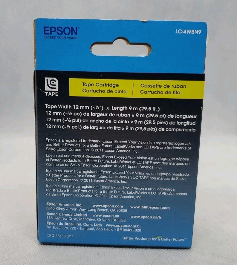 Lot of 4 ~ New Epson Black on White 12mm (1/2″) Labelworks Tape Cartridges