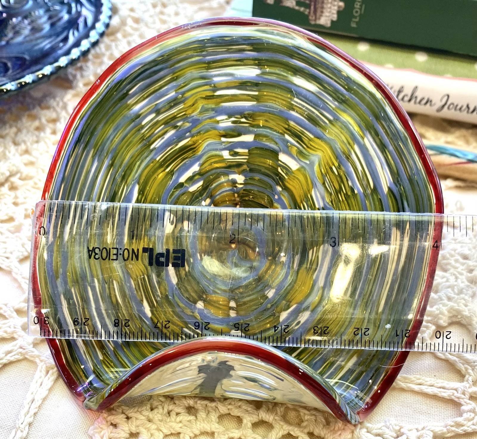 Artisan blown glass Business Card or letter Holder colored glass blue gold red