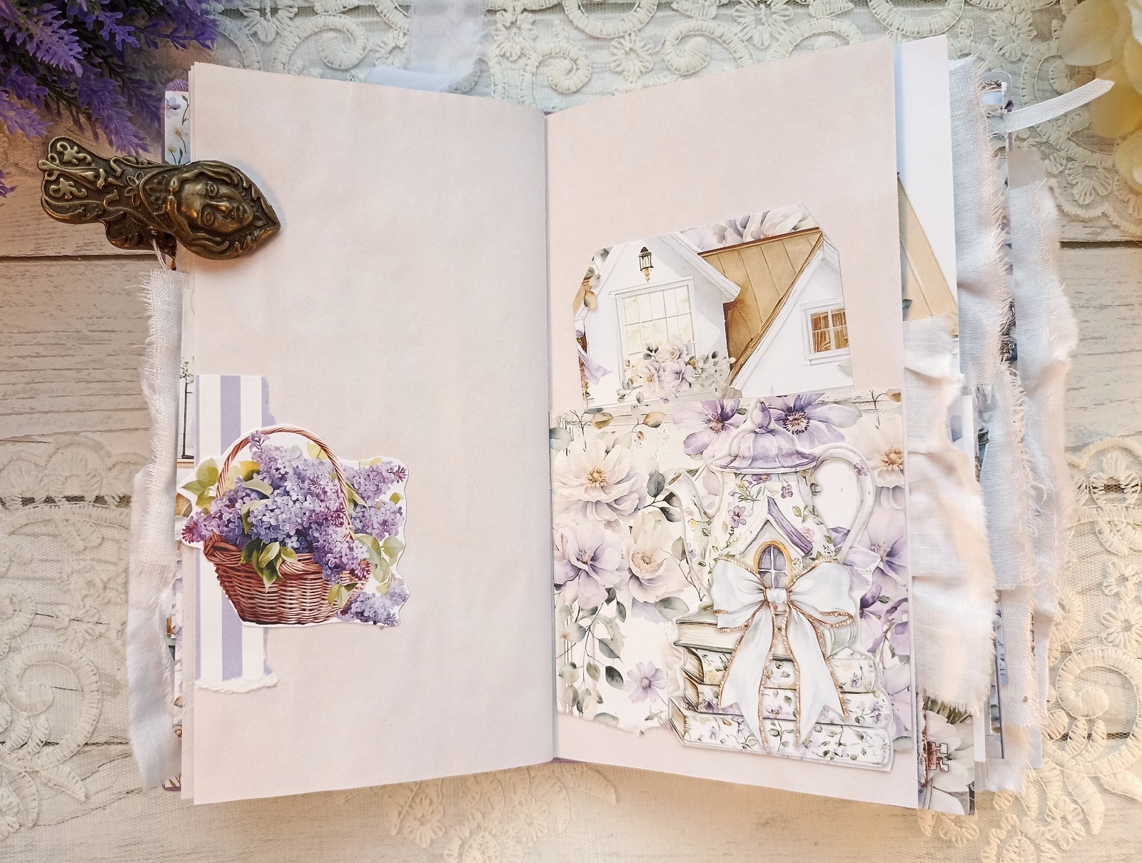 Junk Journal Handmade Lace Purple Lavender Notebook Decorated USA 8×4 in