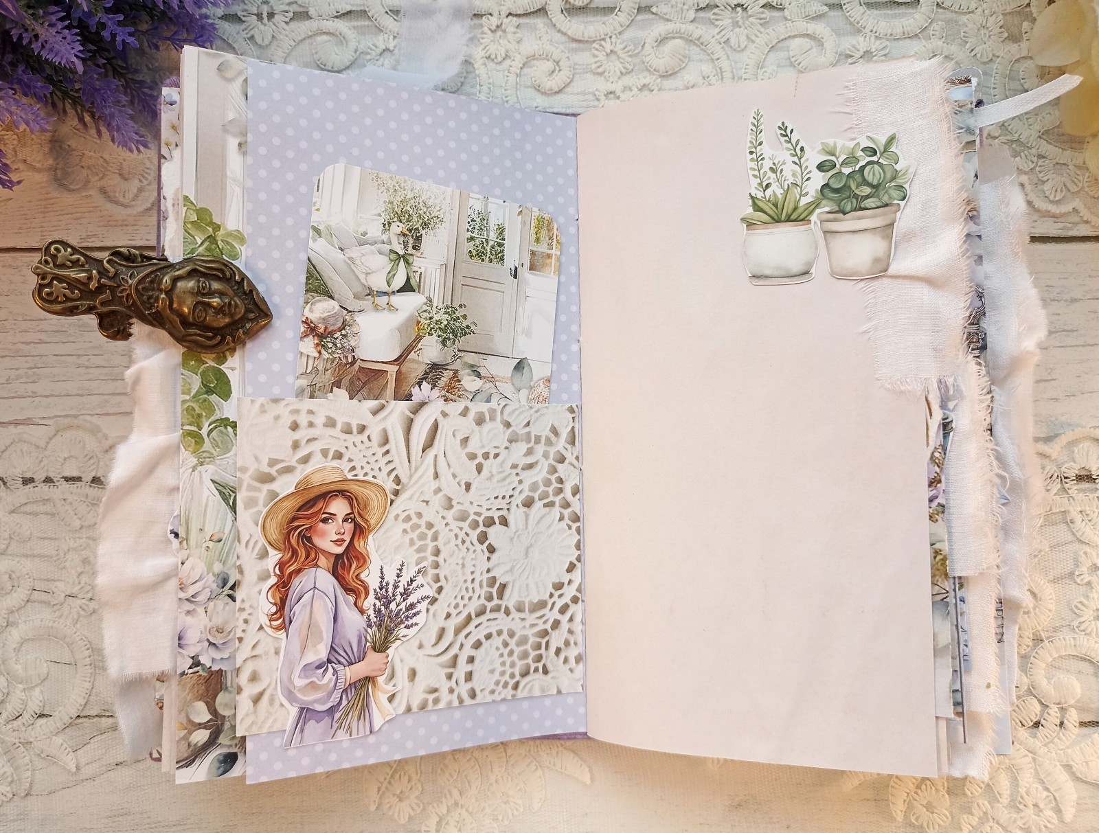 Junk Journal Handmade Lace Purple Lavender Notebook Decorated USA 8×4 in