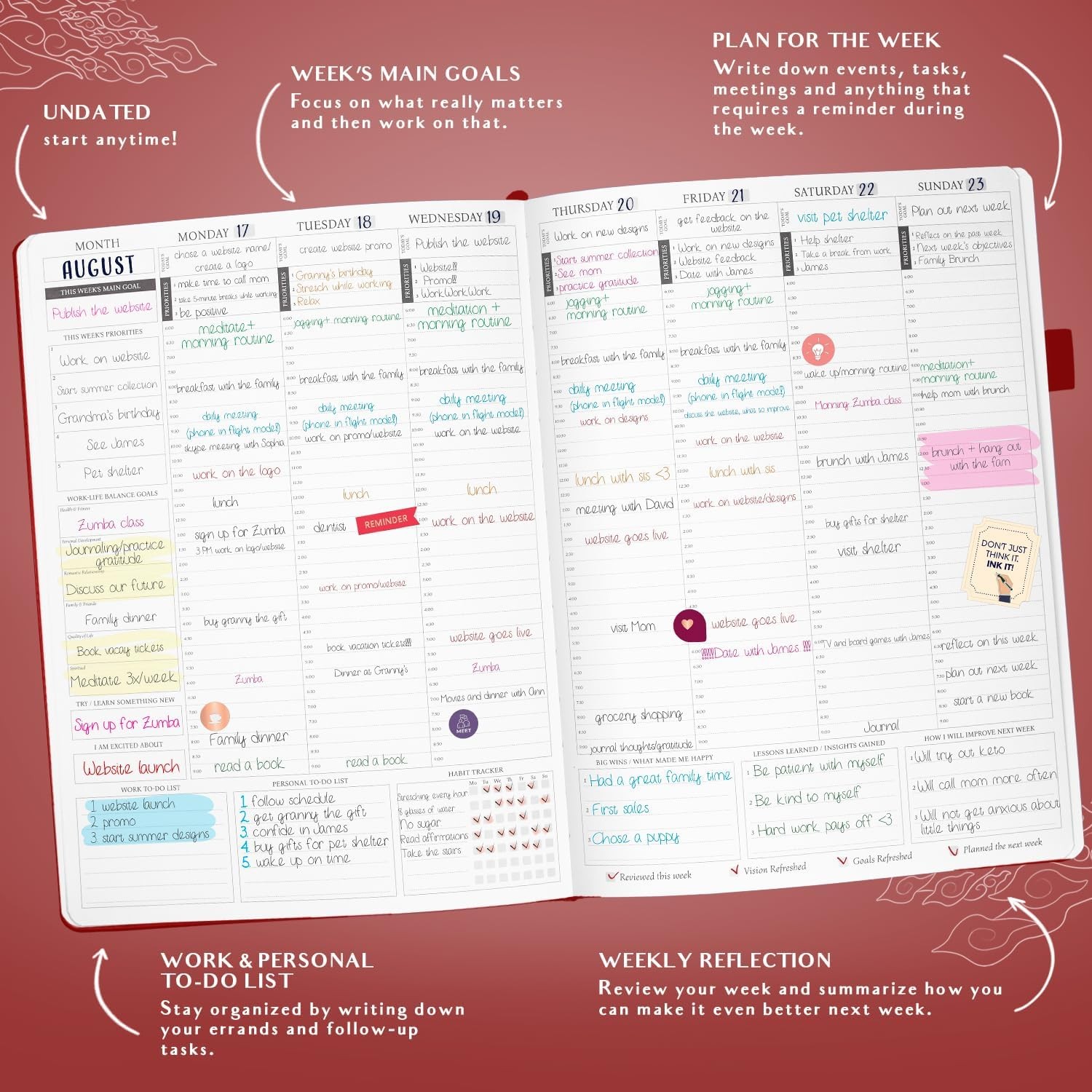 Legend Planner PRO Hourly Schedule Weekly Daily A4 Red