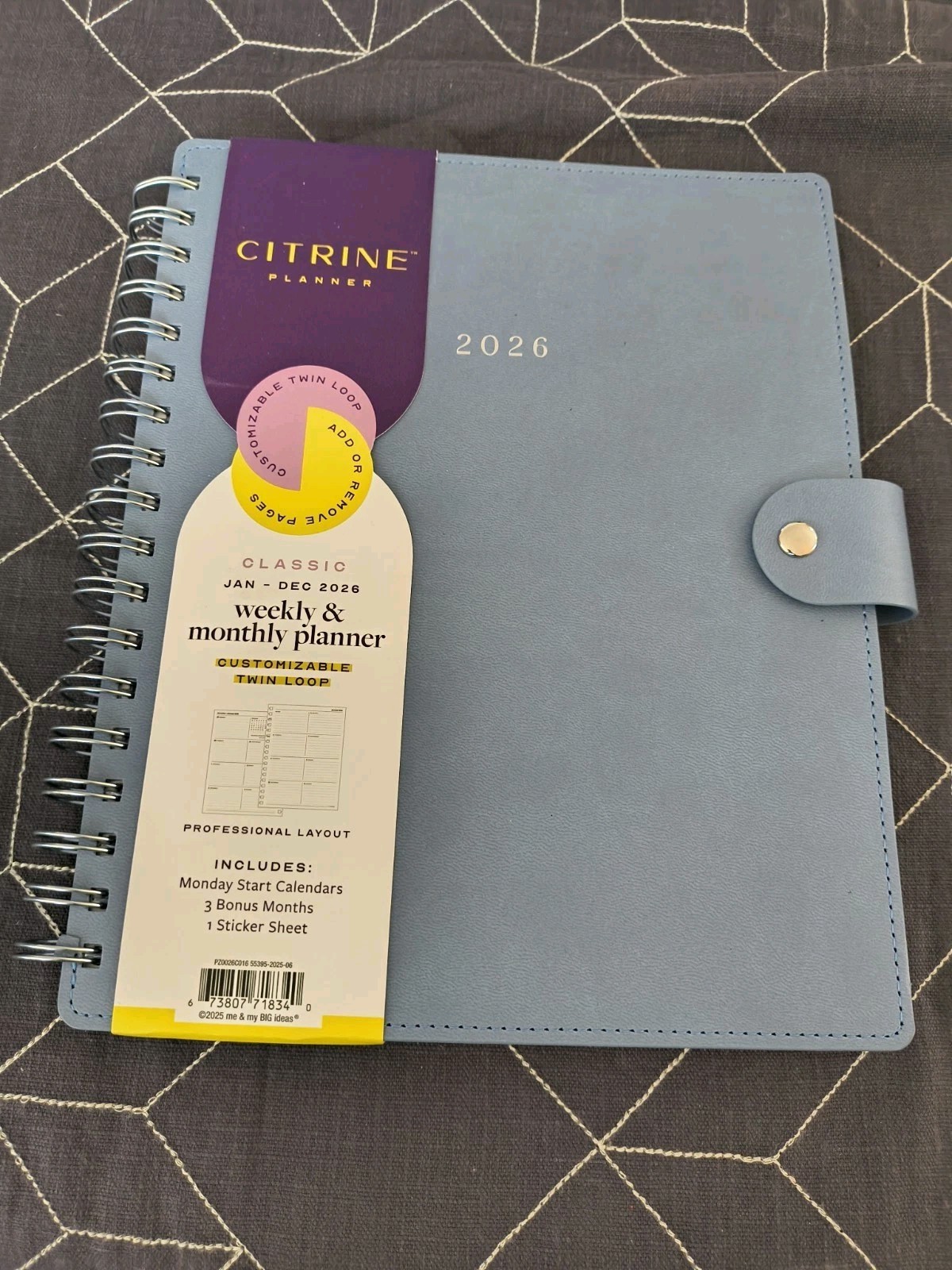 Blue Sky Citrine 2026 Calendar Planner Weekly New Year Faux Blue Suede