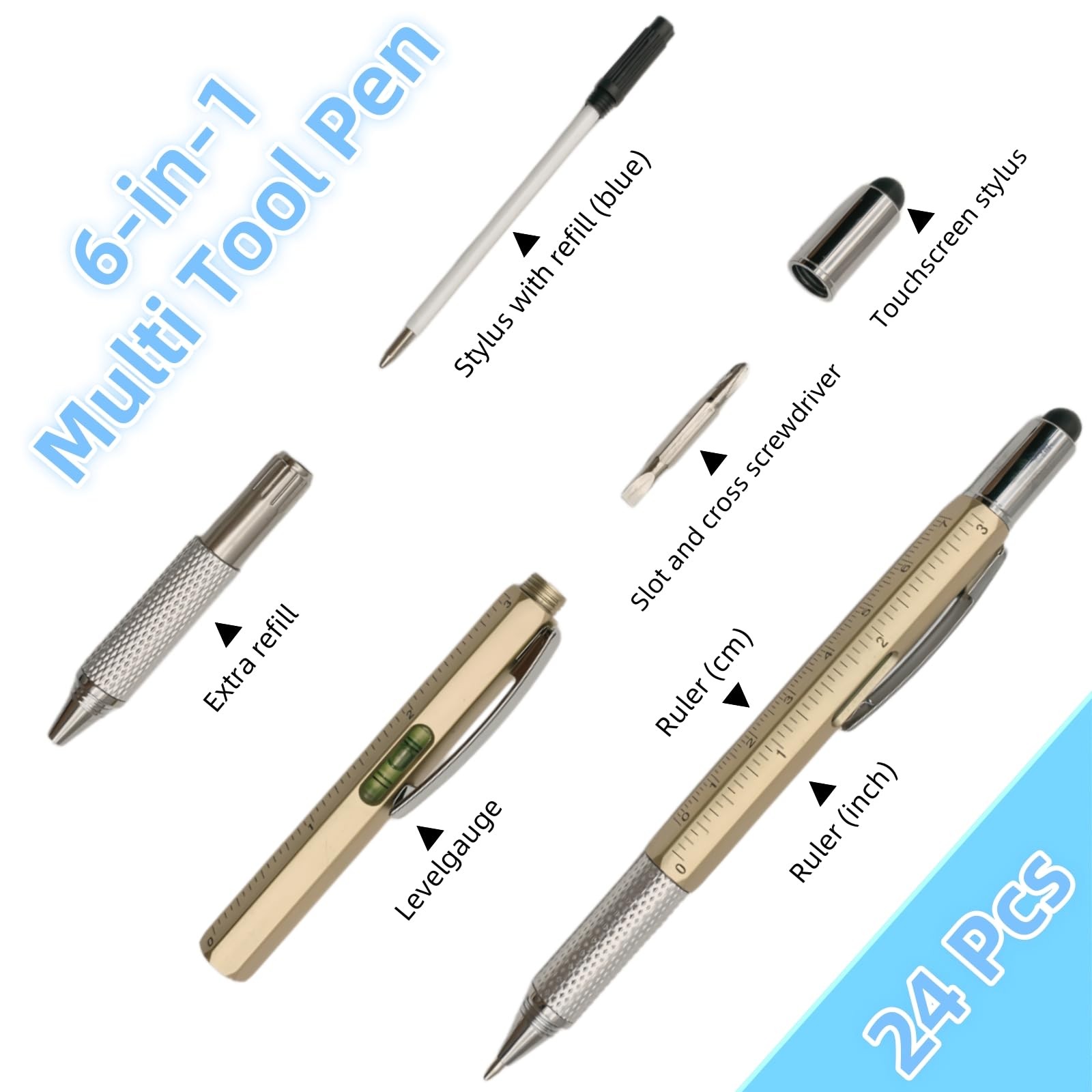 24 Pcs 6 in 1 Multitool Pen Gifts for Men Fathers Day, Christmas Gifts for Me