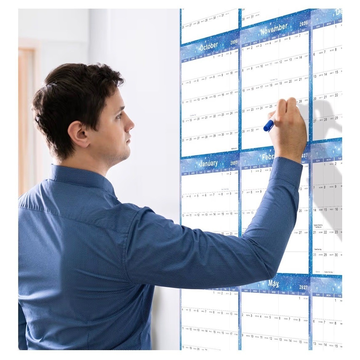 Vibrant Focus 2026-2027 Yearly Wall Calendar Planner Blue Star 34.7 x 22.8 XL