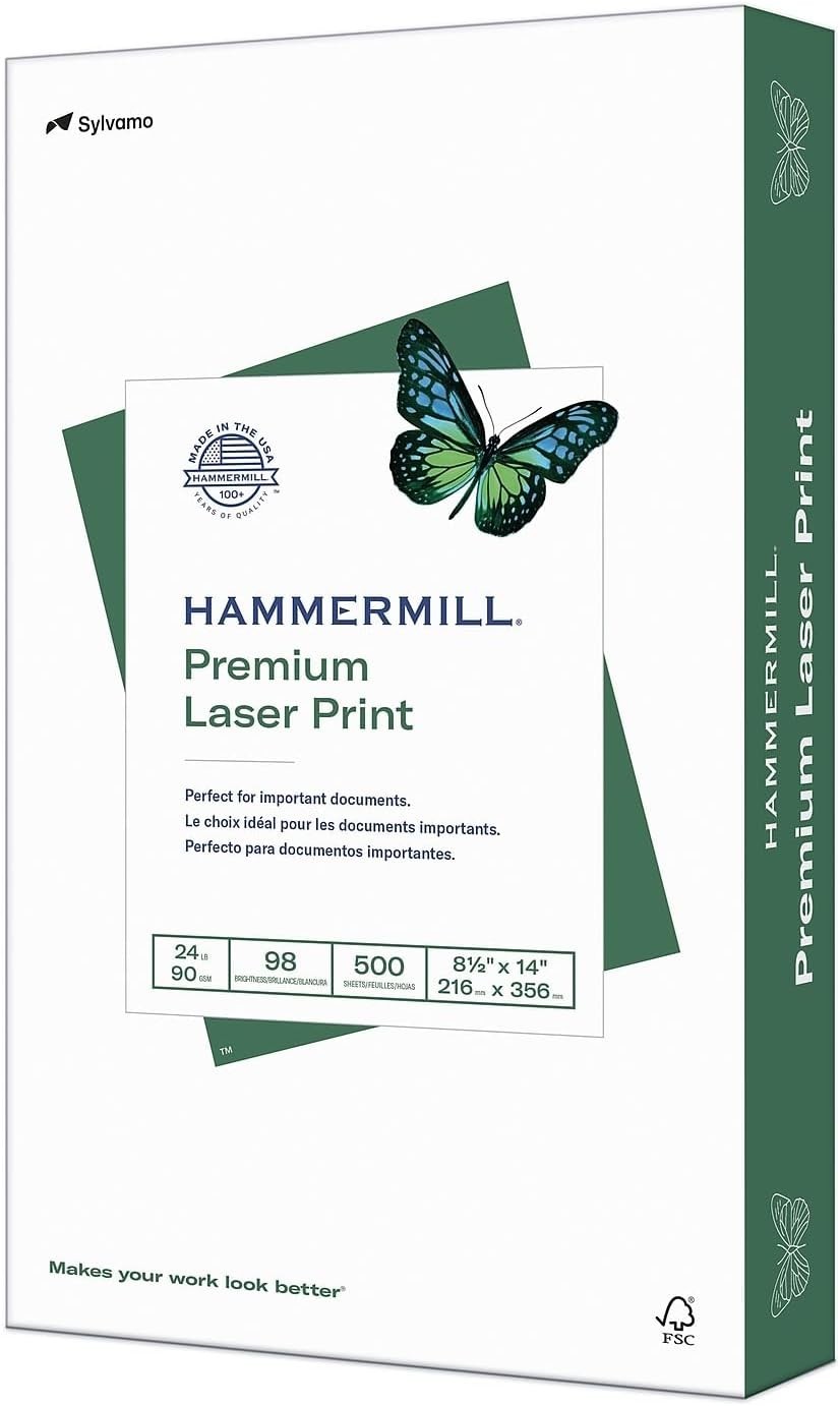 Printer Paper, Laser Print 24 lb, 8.5 x 14-1 Ream 5 Sheets – 98 Bright, Made…