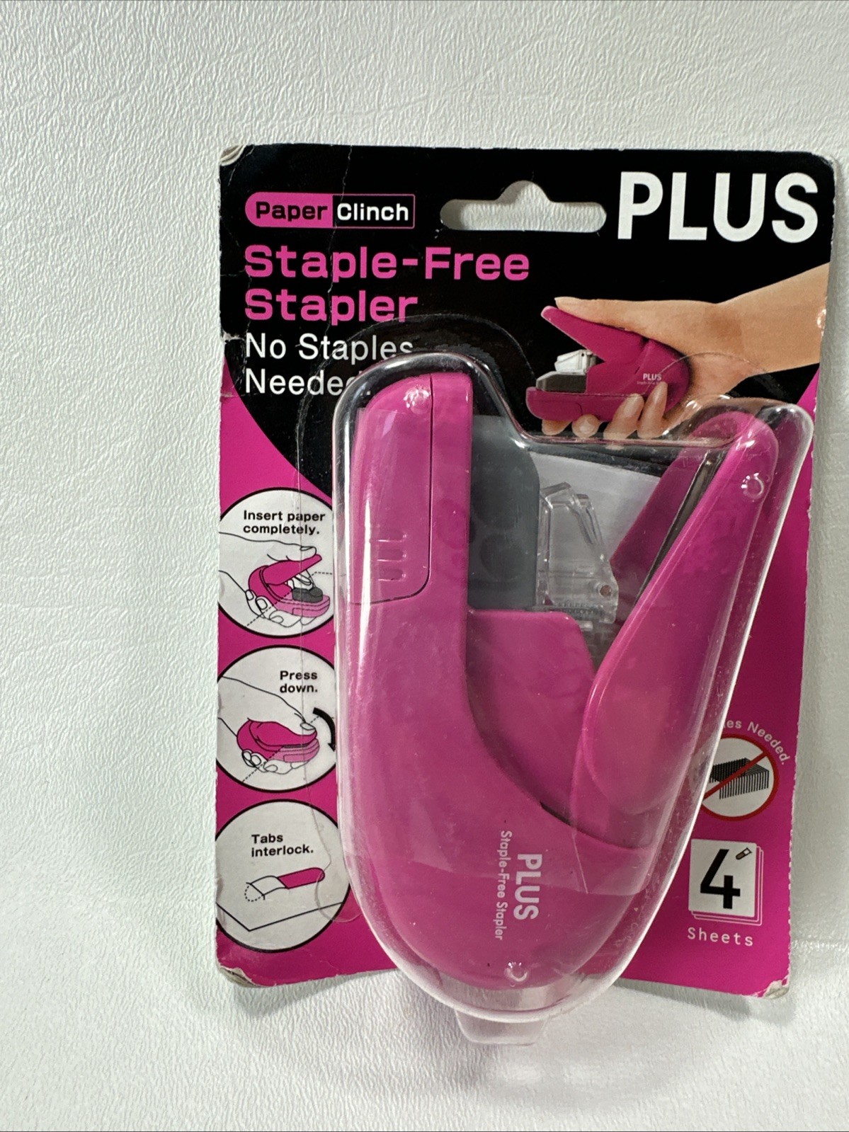 PLUS Paper Clinch Compact Staple Free Stapler PINK New
