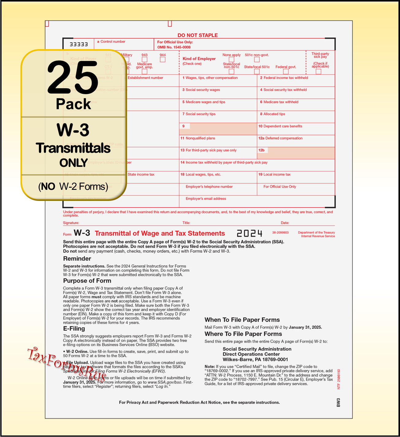 25-pack — 2024 IRS Tax Form W-3 Transmittals ONLY (for mailing W2s to SSA)