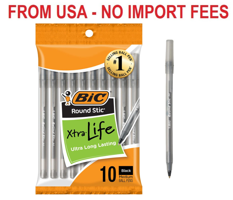 BIC Round Stic Xtra Life Black Ballpoint Pens, Medium Point (1.0mm), 10-Count Pa