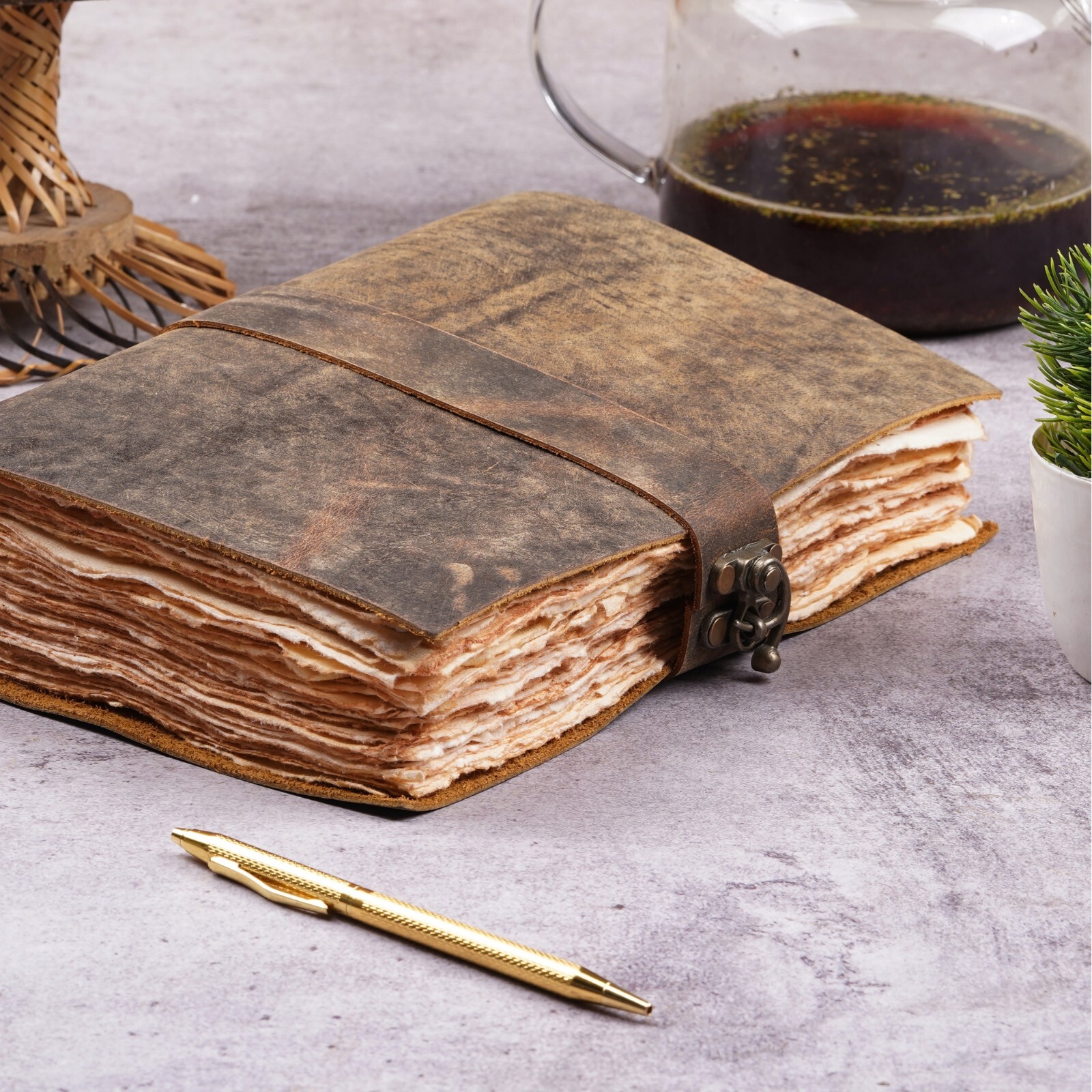Leather Bound Journal with Antique Key Closure – Handmade Deckle Edges Paper