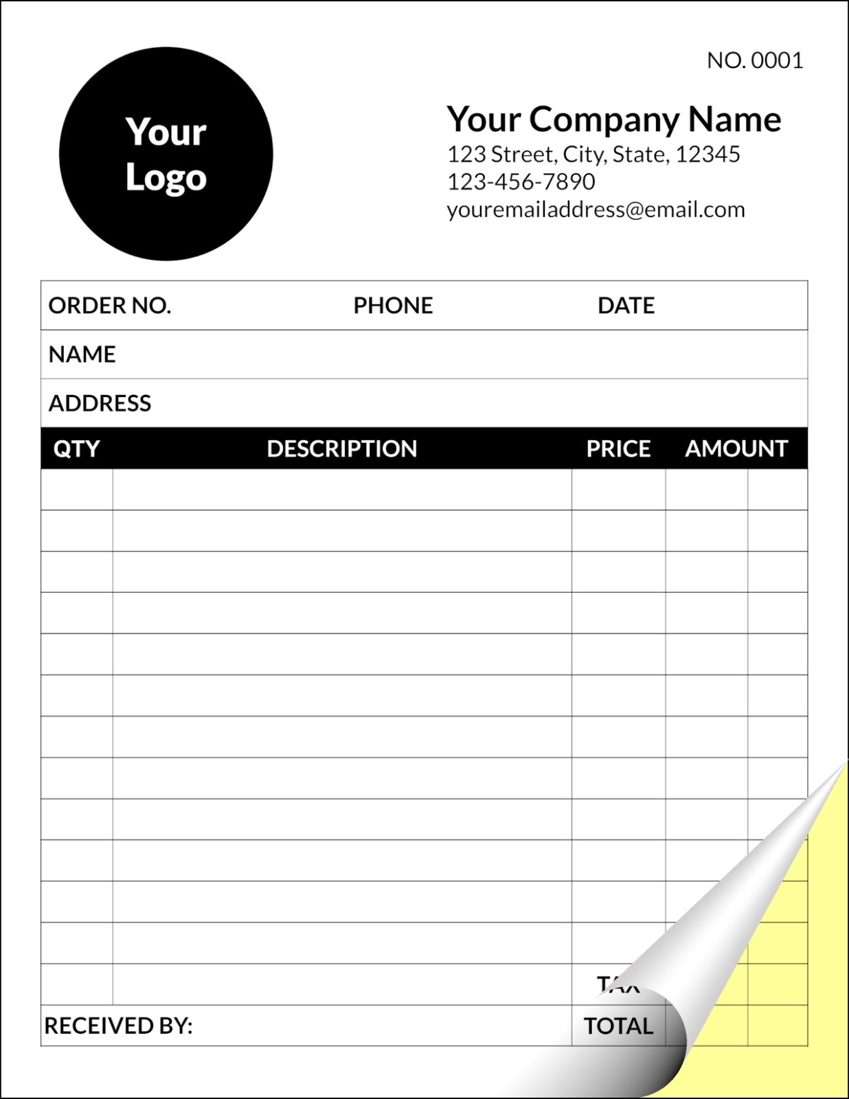 Custom 2-part NCR Wrap Around Invoice Book (250 White/Yellow Sets, 5 Books)