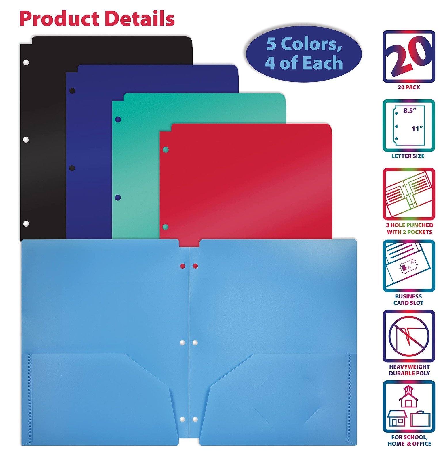 Better Office Products 3 Hole Punch Pocket Folders, 20 Pack Bulk Folders, Sturdy