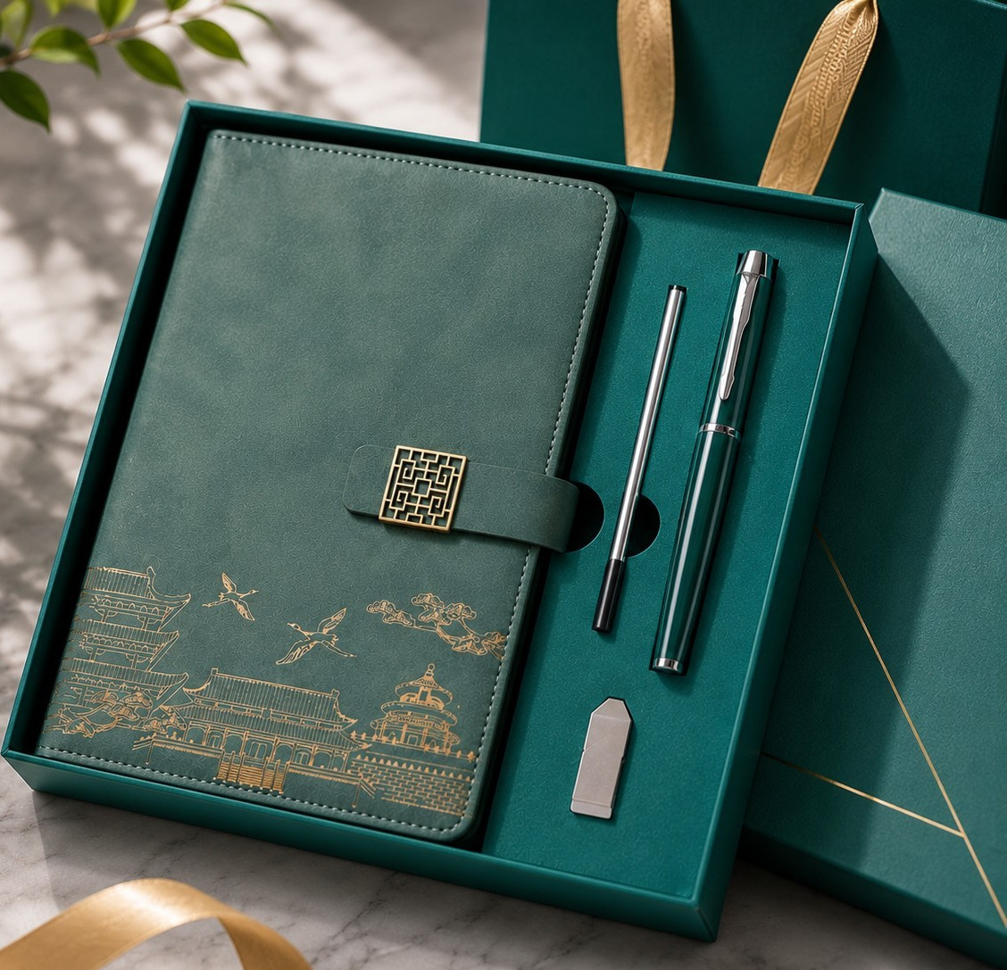 Premium Notebook Gift Set A5 Green/Gold Scenic Architecture Theme
