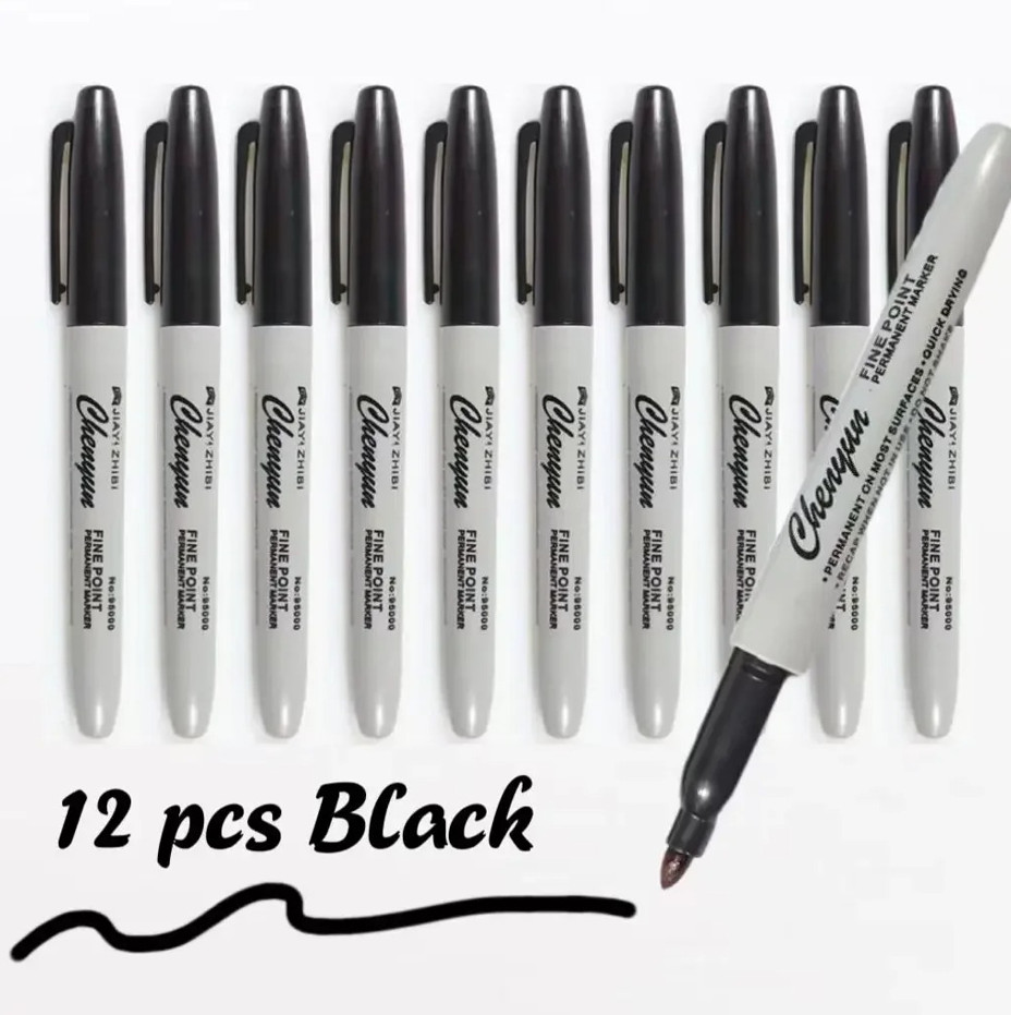 12pcs Black Permanent Marker Pens Fine Tip Waterproof Quick Dry Ink