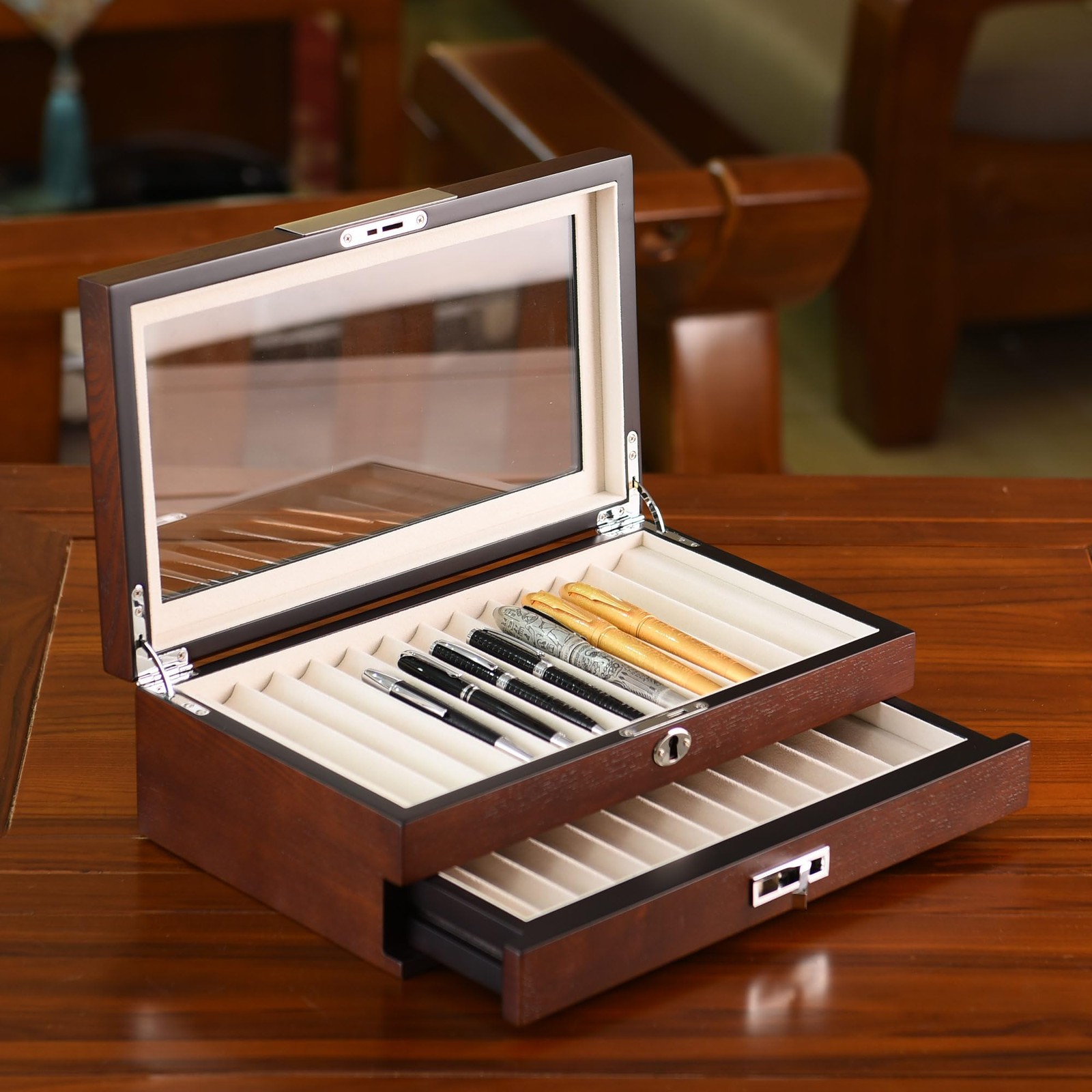 Wood Pen Organizer Box 24 Slot Fountain Pen Display Case with Drawer, Top Gla…