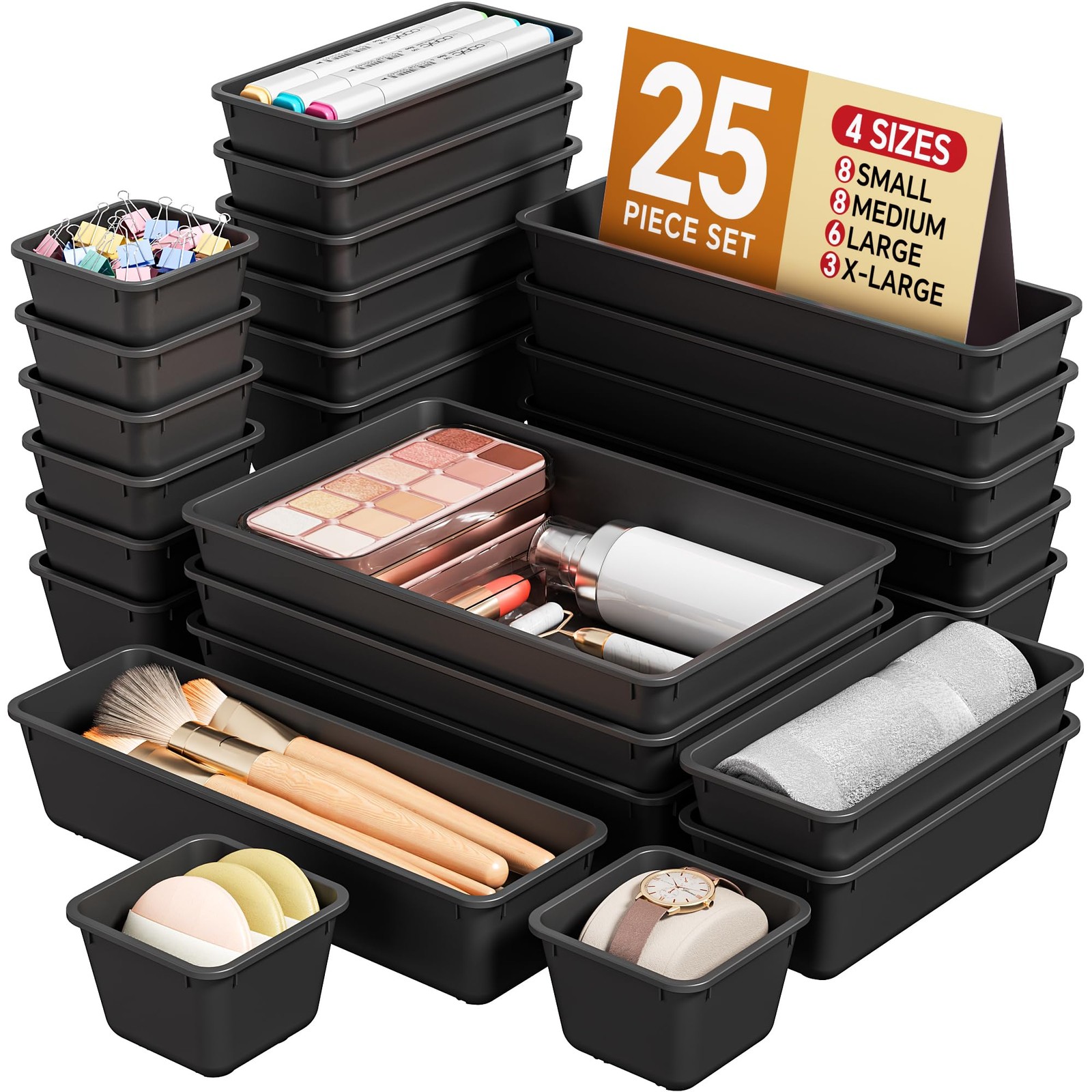 KEMETHY 25 PCS Plastic Drawer Organizers Set, 4 Sizes Vanity Organizer, Black
