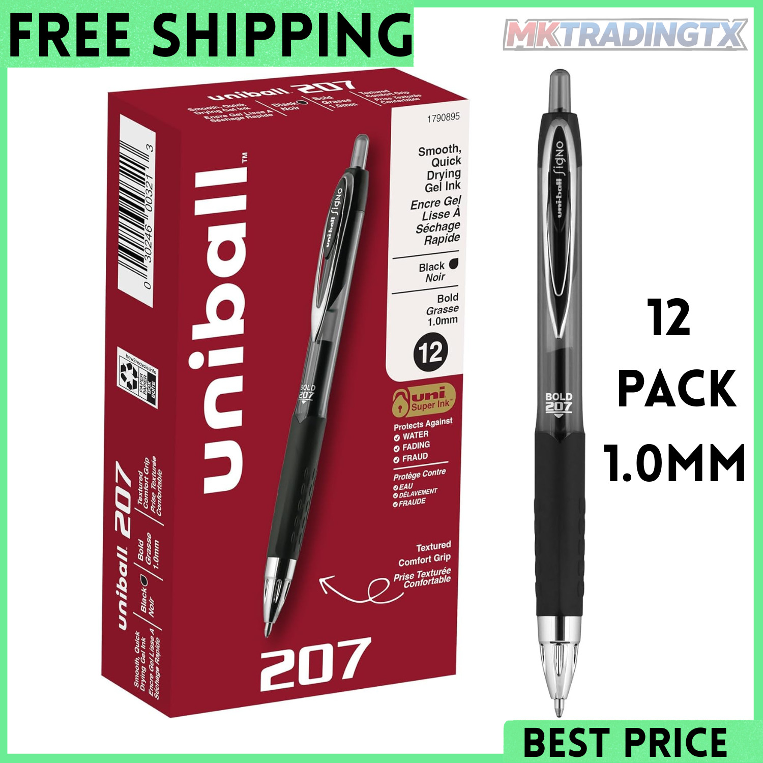 Uni-Ball 1790895 Signo 207 Retractable Gel Pen, Bold Point, Black Ink, 12-Count